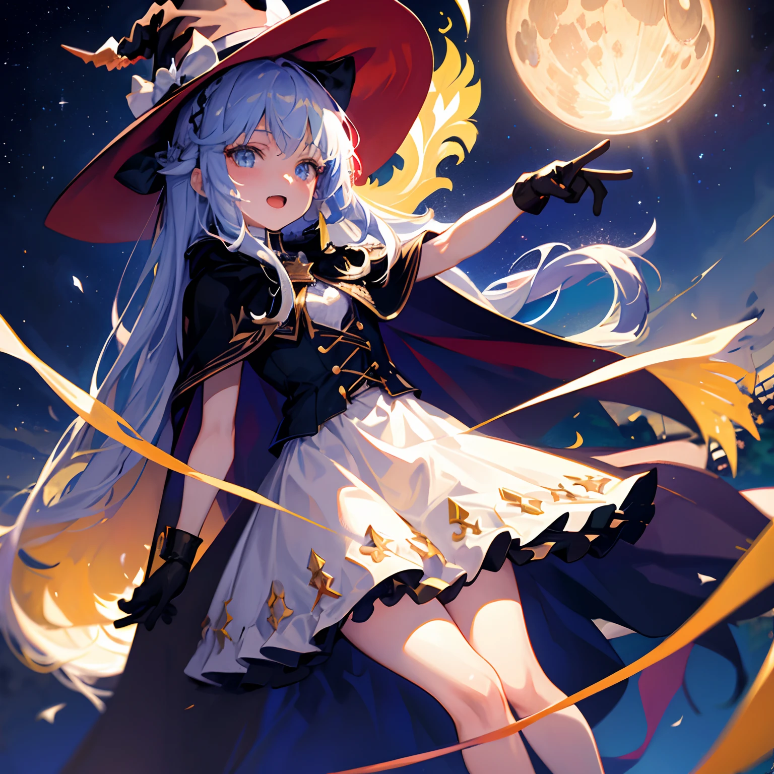 ((masterpiece:1.2, best quality)), 1girl, solo, (witch hat), blonde hair, long hair, dress, aurora, night, gloves, starry night, white dress, night sky, open mouth, starry sky, blue eyes, ribbon, very long hair, red dress, smile, hair ribbon, cape, blue hair, (bird), magic, casting spell, night, by Gaston Anglade