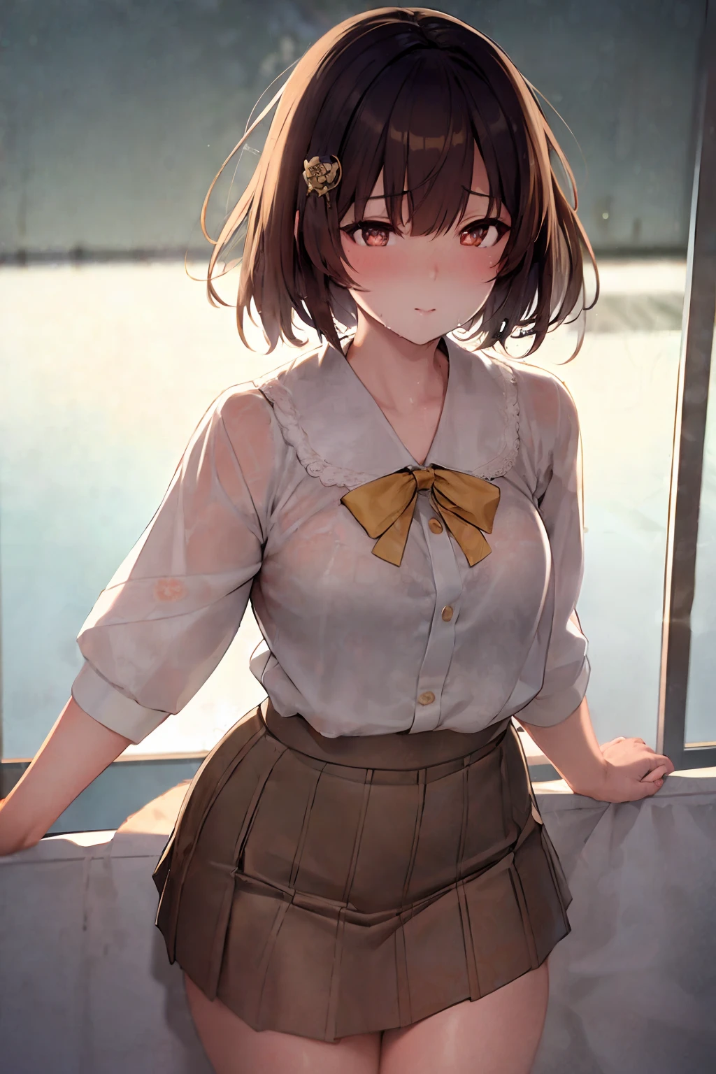  (8k, best quality, masterpiece:1.2), a Japanese high school girl, hair ornament, portrait, (brown hair and pupils:1.1), short hair, cute, beautiful, excellent work, light yellow school uniform, short skirt, seaside, smooth skin, Japanese anime style, wet, professional lighting, photon mapping, radiosity, physically-based rendering, (intricate detailed, tight clothing, hair ornament:1.2).