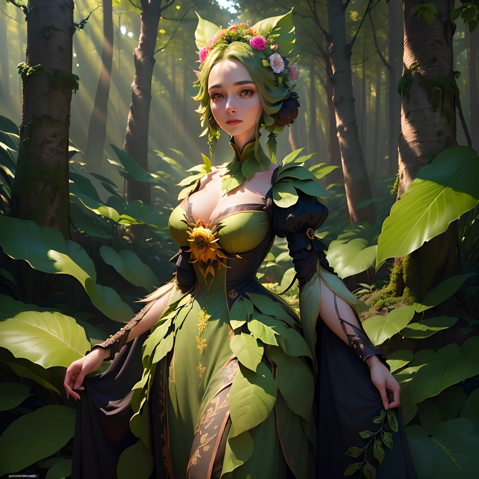 A plant anthropomorphic (female, pretty face) in the forest, noble dress, side light, (extremely detailed CG unified 8k wallpaper), highly detailed, masterpiece,Depth of field, GIF, (HDR)(wallpaper) (Film lighting)(Sharp focus), (extremely detailed CG unity 8k wallpaper), (best quality)