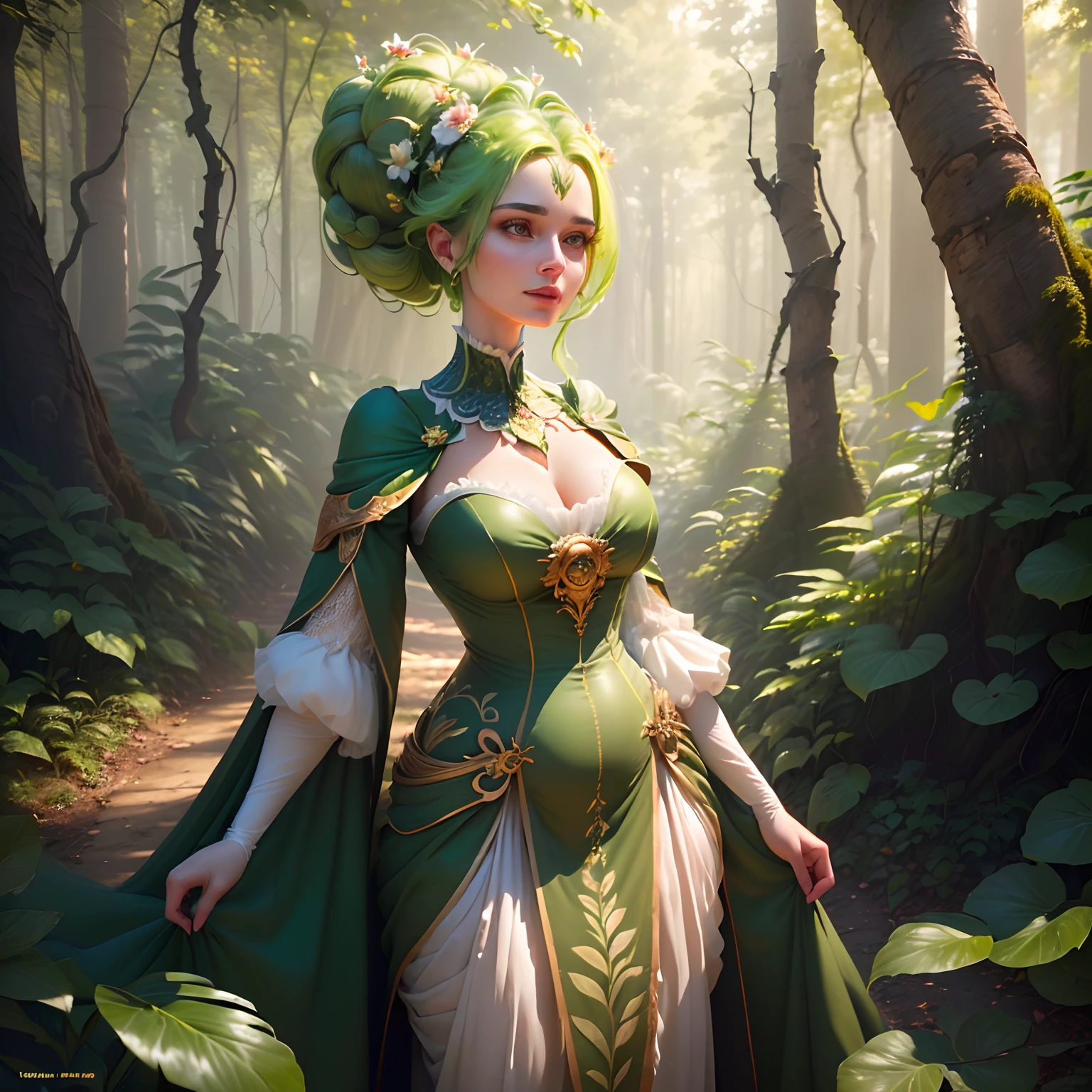 A plant anthropomorphic (female, pretty face) in the forest, noble dress, side light, (extremely detailed CG unified 8k wallpaper), highly detailed, masterpiece,Depth of field, GIF, (HDR)(wallpaper) (Film lighting)(Sharp focus), (extremely detailed CG unity 8k wallpaper), (best quality)
