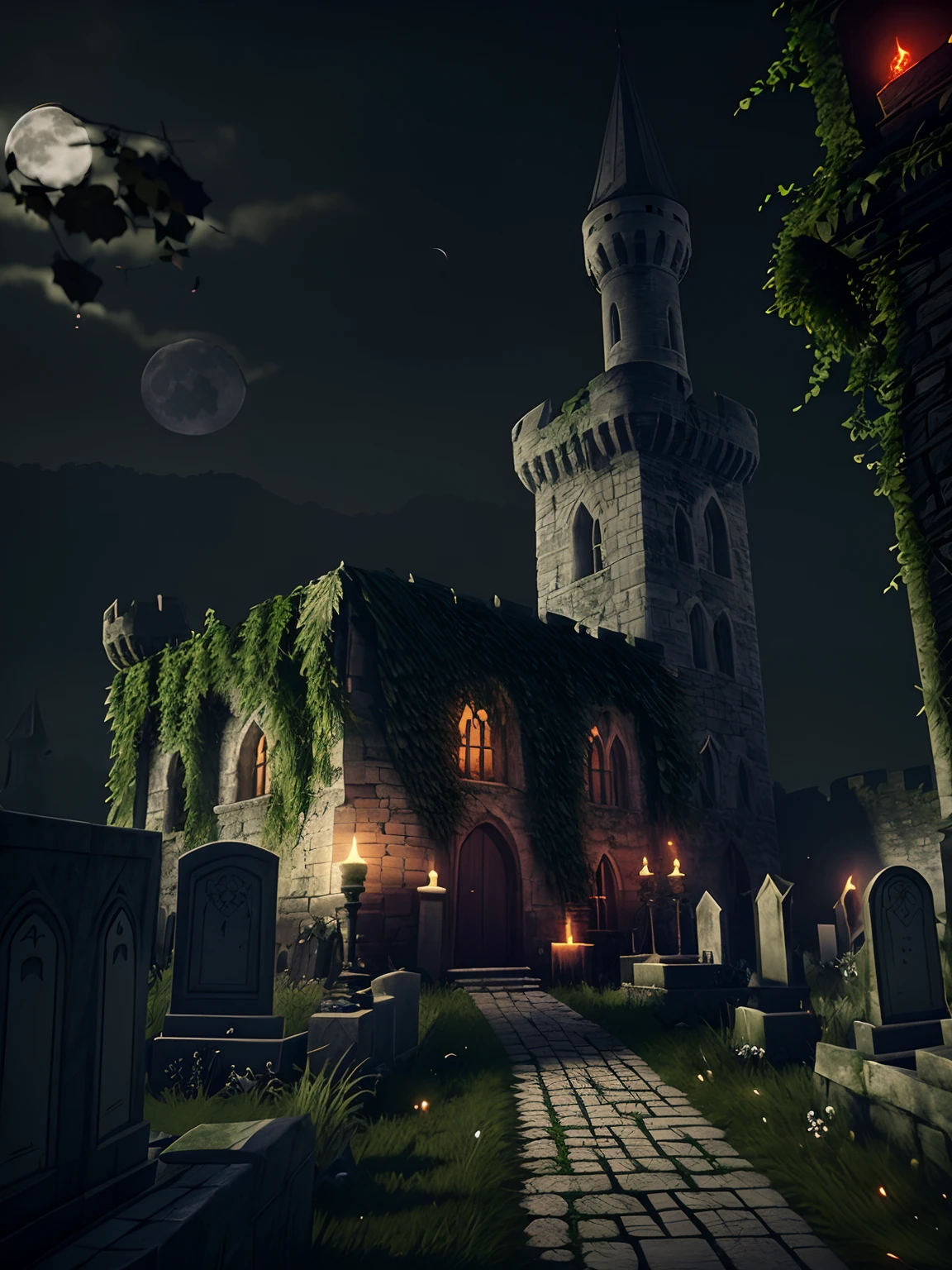 Vines, creeping all over the count's grave, a barren, eerie environment in the castle, night scenery, the moon, the European castle, tombstones,Dreamy haze,Moody darkness,cinematic lighting,8k,unreal engine