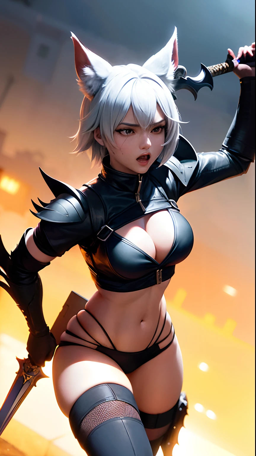 1 A werewolf girl with wolf ears , athletic, breasts, sxz-mgr-v1-4000 in battle stand, ninja assasin, holding sword, dynamic pose, covered in blood, (detailed background), military base, (lens distortion:0,7), (chromatic aberration:0.7), (fim grain:0.7), intricate, unreal engine 5, volumetric lighting, realistic, cinematic, 4k, cinematic lighting, depth of field, masterpiece, perfect, hyper-detailed, hard lighting, intricate details, stop motion, hyperfocus, tonemapping, sharp focus, hyper detailed