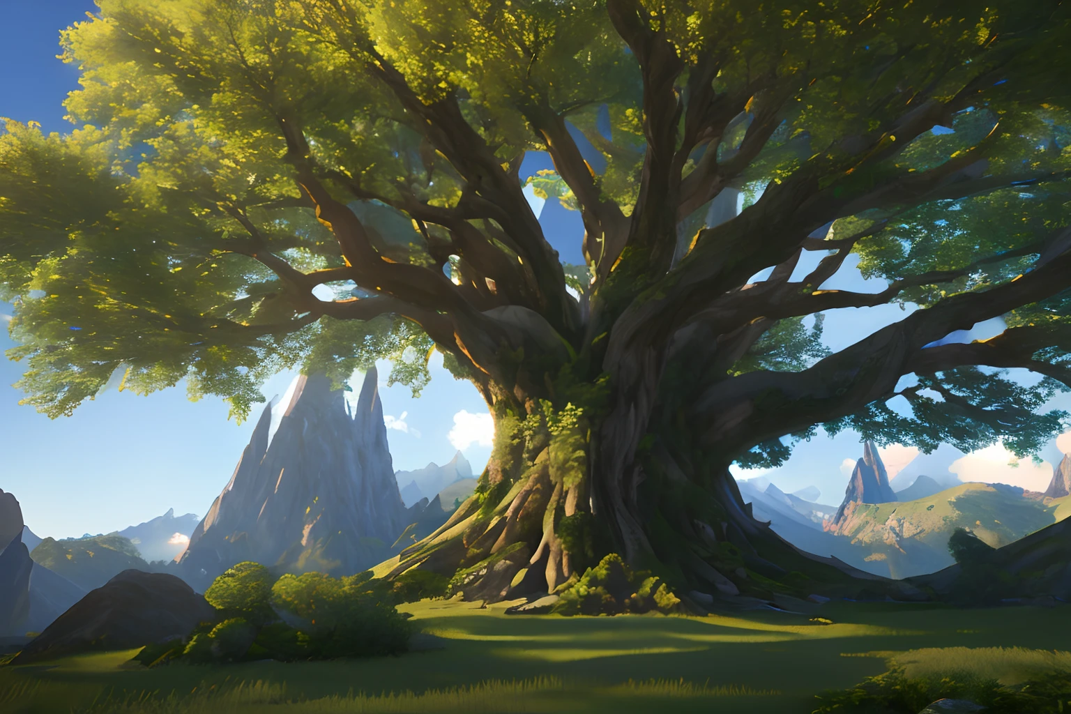 Zebaoth, giant epic fantasy tree, massive mountains, cinematic shot, Wide-angle view, realistic,detailed skin, 8k, trending on artstation,smooth,3d animation --ar 2:1 --v 5 --q 2 --s 750