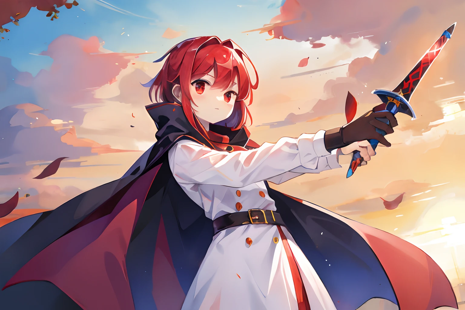 best quality, red hair,Yasna of the Sword God Domain,Two-handed sword,White clothing,Black silk