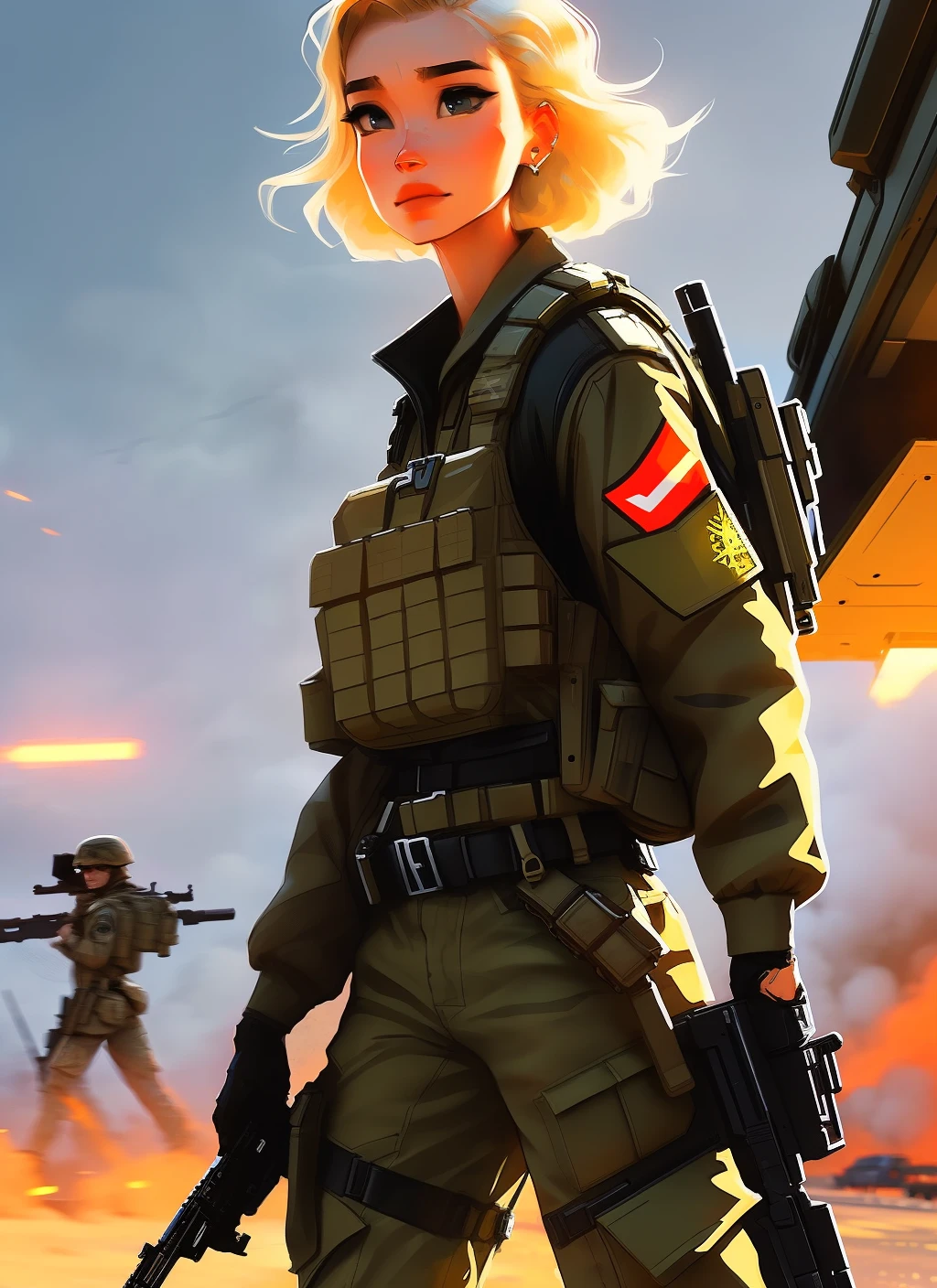samdoesarts; an image of woman with short blonde hair, with military gear, cargo pants, (intricate), (detailed), digital art, dynamic pose, in a battlefield