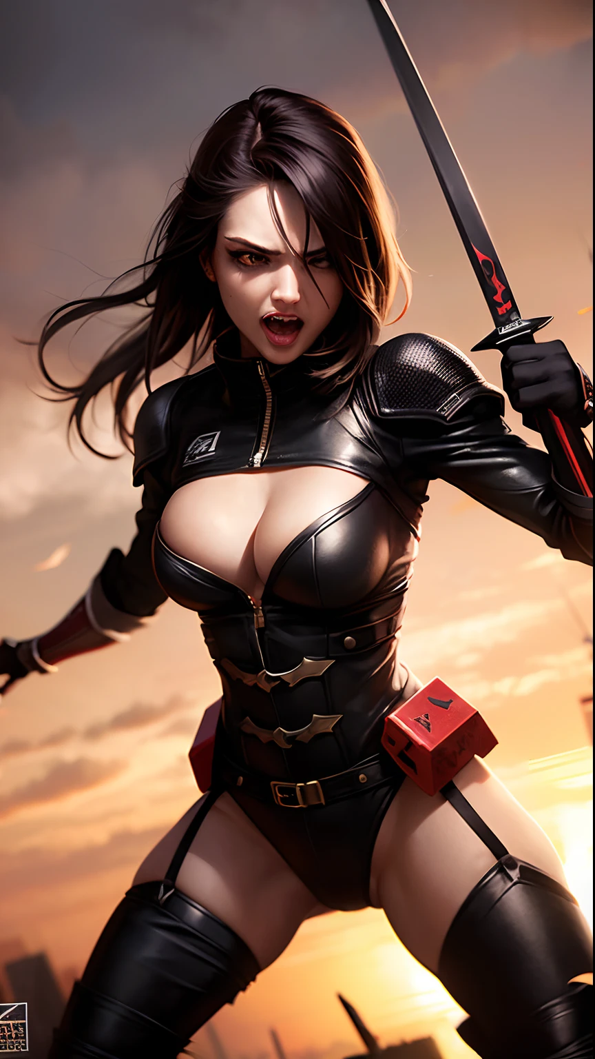 1 vampire girl with tiny tiger teeth , athletic, breasts, sxz-mgr-v1-4000 in battle stand, ninja assasin, holding sword, dynamic pose, covered in blood, dark night, red moon ,(detailed background), military base, (lens distortion:0,7), (chromatic aberration:0.7), (fim grain:0.7), intricate, unreal engine 5, volumetric lighting, realistic, cinematic, 4k, cinematic lighting, depth of field, masterpiece, perfect, hyper-detailed, hard lighting, intricate details, stop motion, hyperfocus, tonemapping, sharp focus, hyper detailed