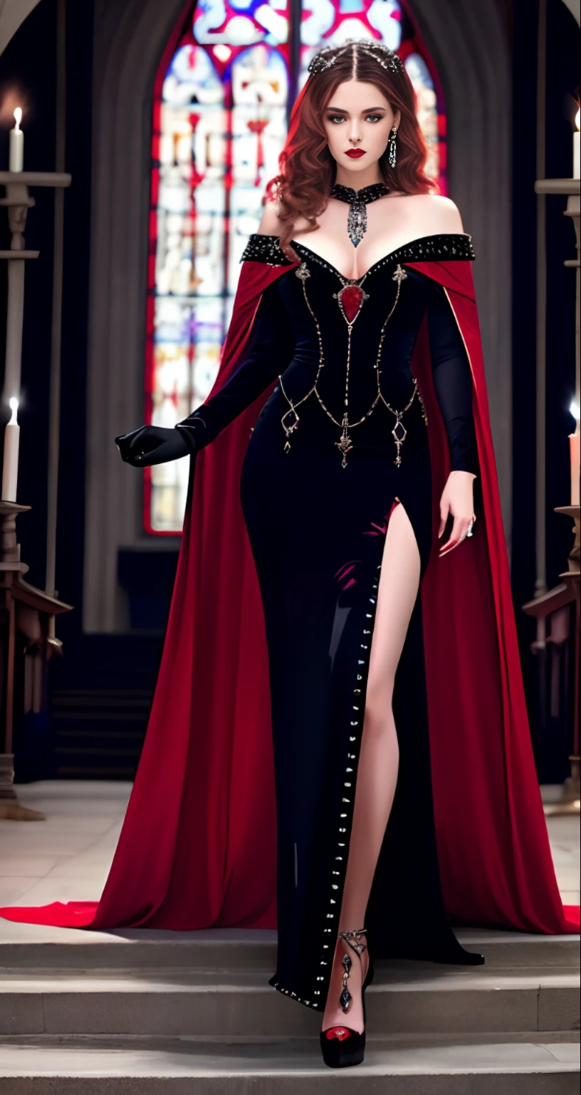 Late at night, the slender, blue-eyed female vampire with long curly blond hair stood in front of the church wearing a shiny, blood-red sheath dress studded with diamonds from chest to foot, a long black cape over her shoulders, the winner of a tumblr contest, Art Deco, elegant, plump, gothic, shimmering light