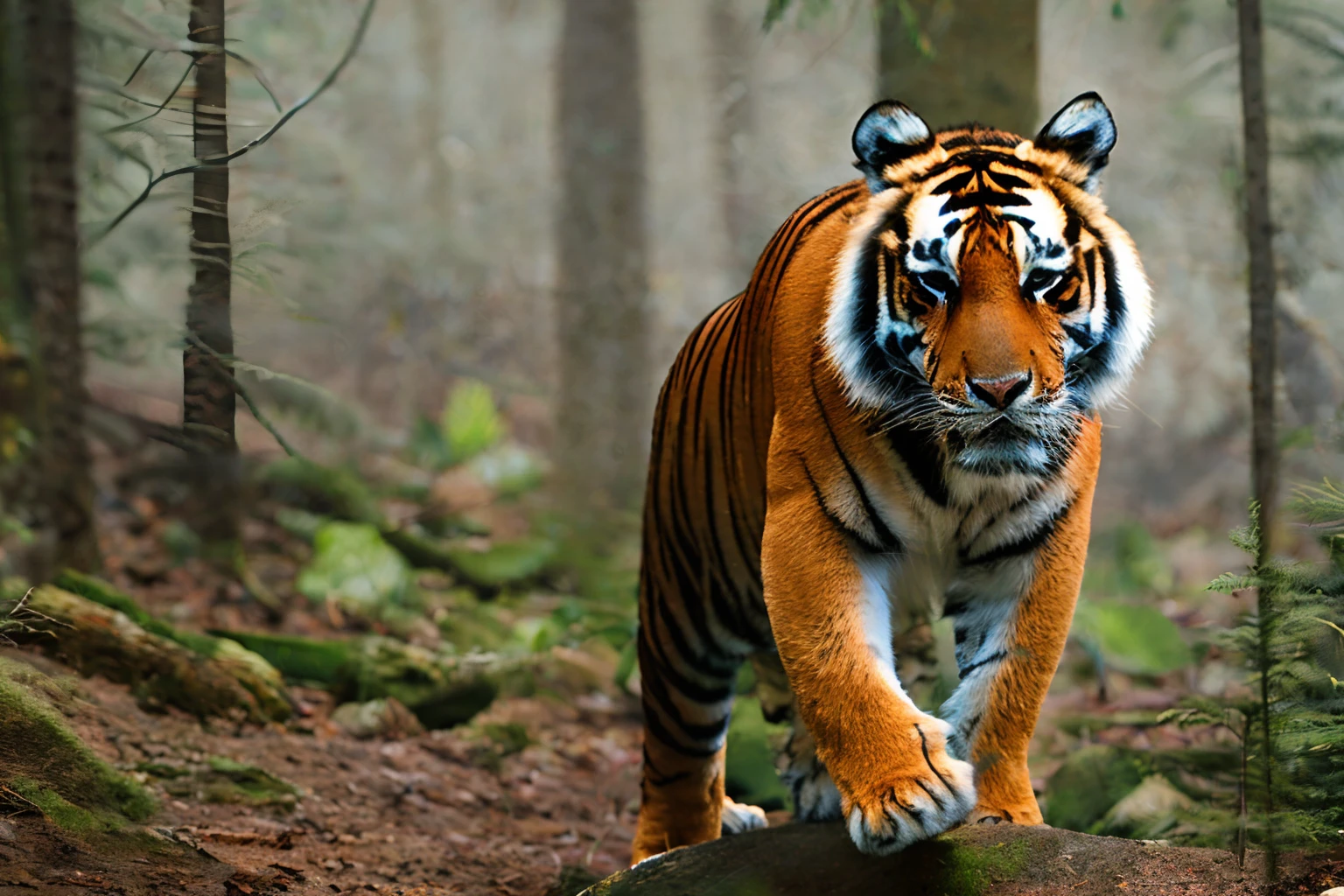 photo of a cute a tiger in forest, haze, halation, bloom, dramatic atmosphere, centred, rule of thirds,volumetric lighting,ambient lighting, dreamatic lighting,mood lighting,epic composition