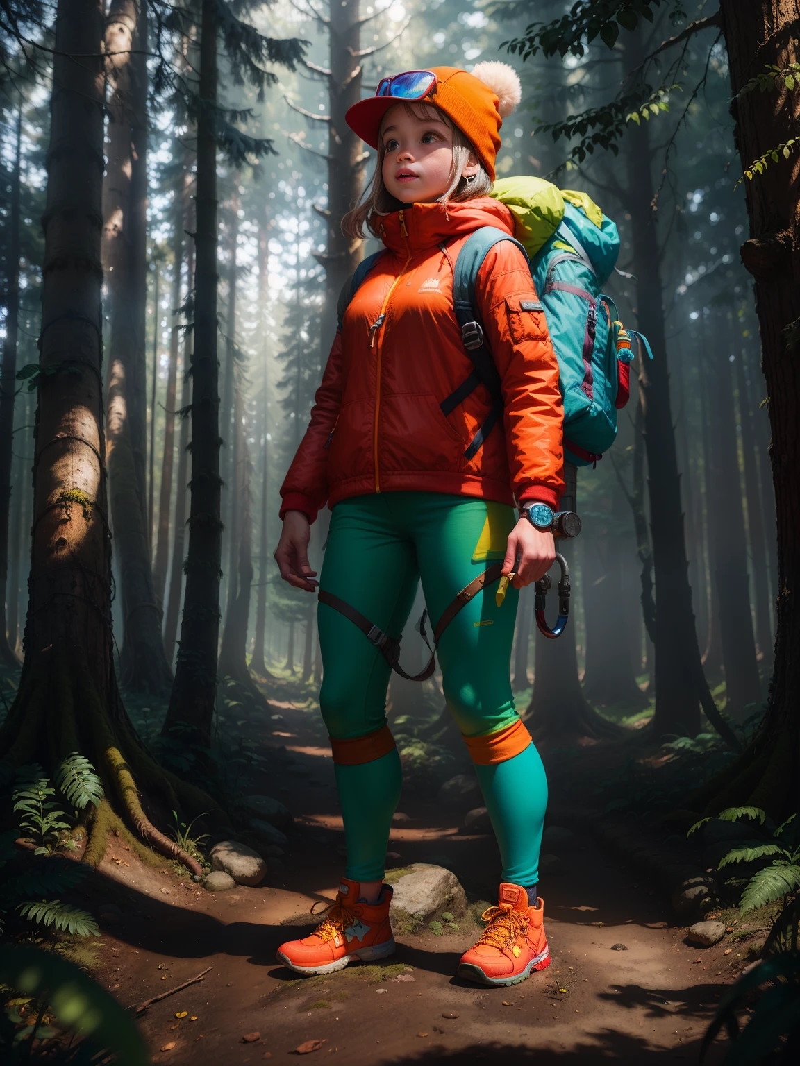 An adventurer girl in clothes for outdoor adventures,in a sunny forest,unhappy, aggrieved, excited, super cute girl ip by popmart, bright colors, mockup blind box toy, disney style,detailed Gloss, 3D rendering, oc render, best quality, 8k,bright, frontlighting, Face Shot, fine luser, super detailed