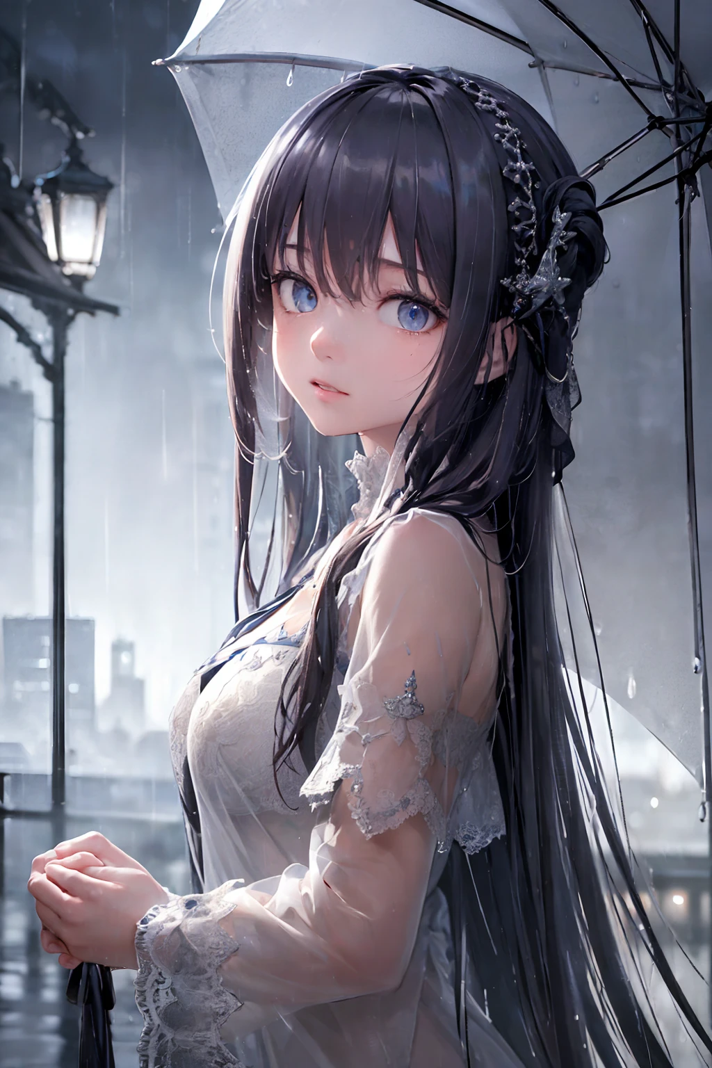 (masterpiece:1.21), (best quality:1.331), ((ultra-detailed)), ((extremely best illustration)), ((amazing)), (hyper quality), Gorgeous and rich graphics,
(extremely delicate and beautiful:1.21), 8k, wallpaper, (extremely beautiful lighting), hard light, delicate composition, (perfect conposition), (extremely beautiful and detailed background:1.21), rembrandt style expression of light and shadow, dark tone, (low-key and high-variance colorscale), ((depth of field)), deep shadow,
dynamic angle, from side, upper body, radial blur,
rain, (city lights, blurry background),
(1girl),(beautiful detailed eyes), clear blue eyes, long and silver french braid hair,
fatigues,
transparent raincoat, wet clothes and wet skin and dripping wet hair,
lens flare, string lights, street,, masterpiece, best quality,