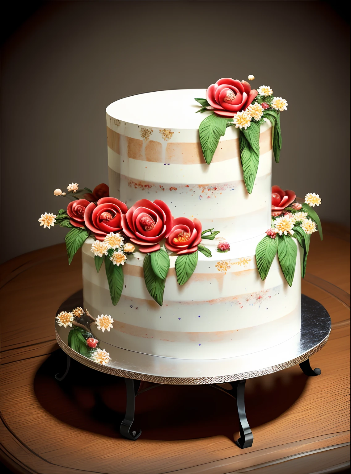 (5 celebration cake sits atop An ancient metal round table,Each cake is decorated with intricate piping and sugar flowers, with fresh berries and mint leaves adorning the top),Picture a gorgeous and refined metal stand crafted in the shape of branching stems. This stand separates into five individual supports, each elegantly holding an ancient plate adorned with exquisitely detailed metal carvings and floral motifs along the edges. It's a truly stunning piece that showcases both beauty and intricate artistry,(flowers:1.3),spring,[dominated by red|black],elegant,fantasy, global illumination, backlighting,bloom, ((cold light)), sharp focus, photo realistic, background out of focus, cinematic composition , ultra-detailed, realistic , hyper-realistic , volumetric lighting, 8k, trending on artstation