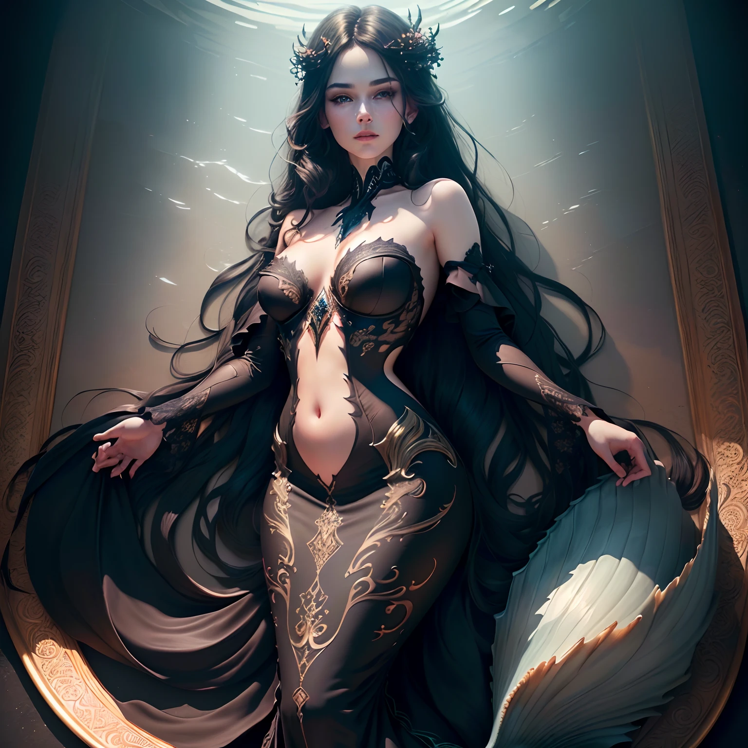 Masterpiece, best quality, (very detailed CG unity 8k wallpaper), (best quality), (best illustration), (best shadows), realistic lighting, full body shot, mermaid design, wearing dark black clothing, intricate, elegant, highly detailed, handsome, highly detailed, rags, beautiful face, dreamy