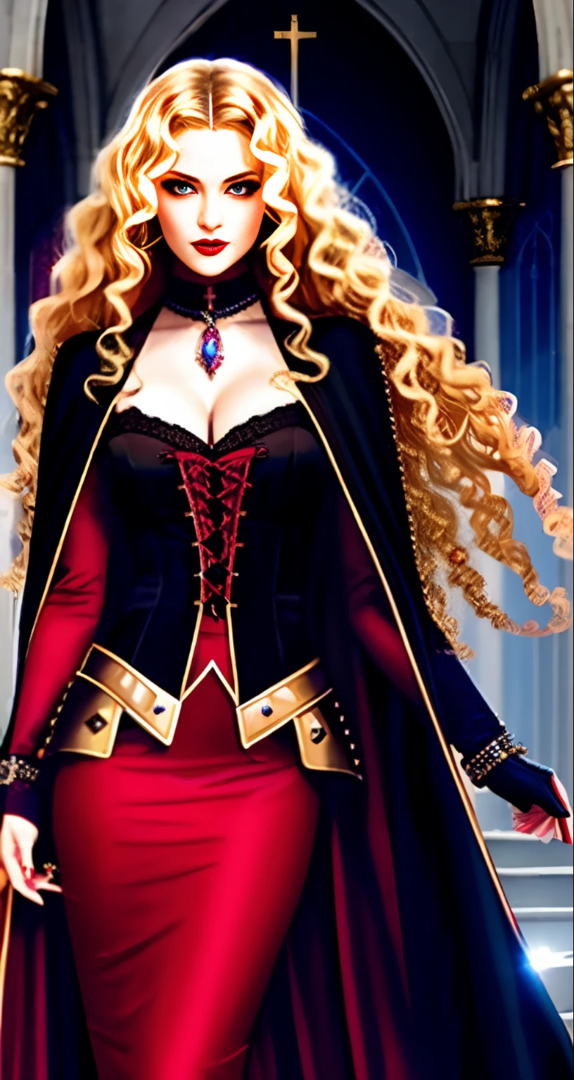 Late night, church, female vampire, blue eyes, red lipstick, slim, long blonde curly hair, long black cape, red leotardy long skirt, long skirt studded with diamonds covering whole body, chest lace, combat position, shimmered, full body portrait, Gothic, European aristocracy, gold bracelet, full body portrait

