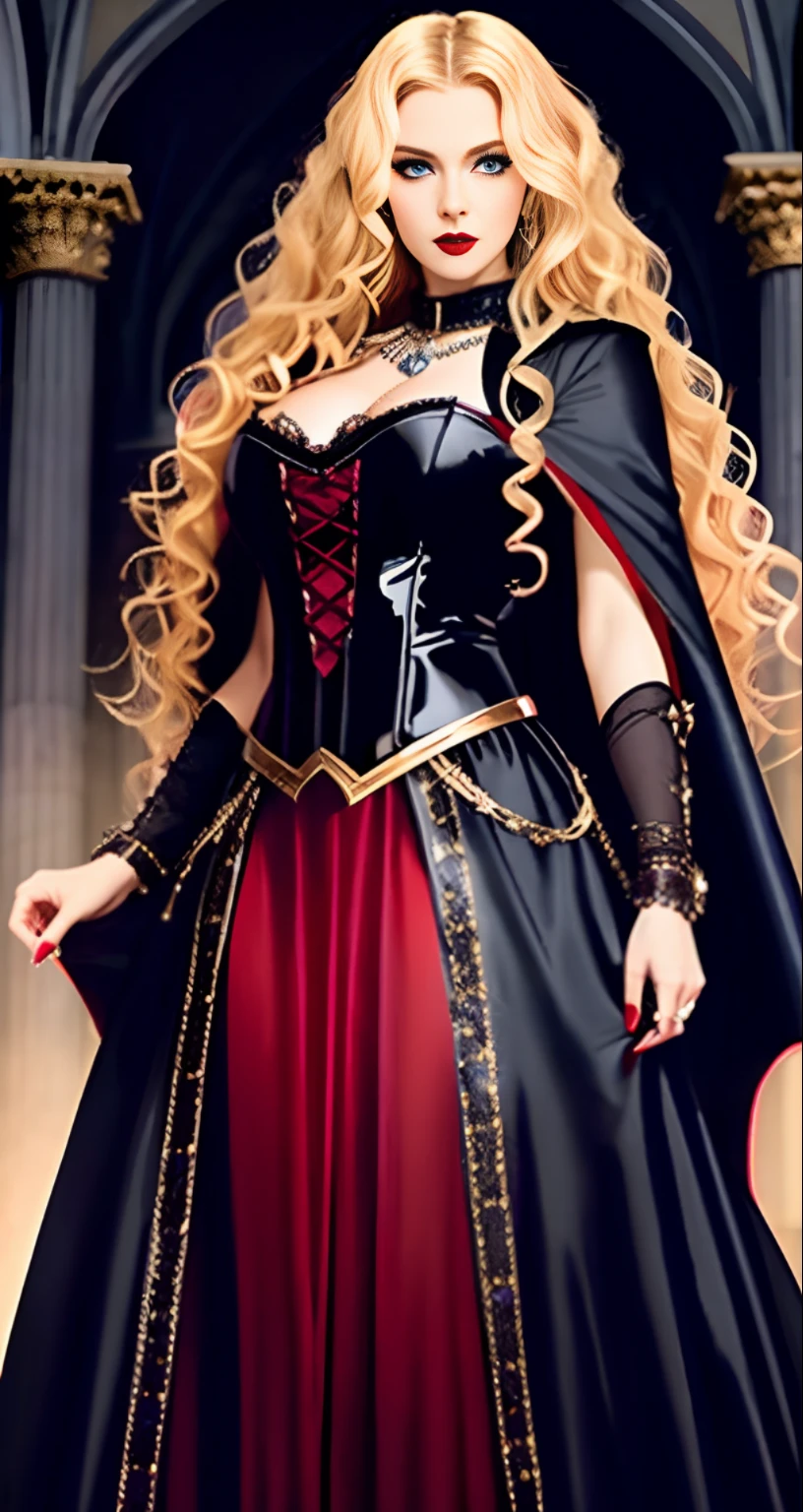Late night, church, female vampire, blue eyes, red lipstick, slim, long blonde curly hair, long black cape, red leotardy long skirt, long skirt studded with diamonds covering whole body, chest lace, Combat Position unleashes magic, shimmered, full body portrait, Gothic, European aristocracy, Gold bracelet, full body portrait, 8k, CG