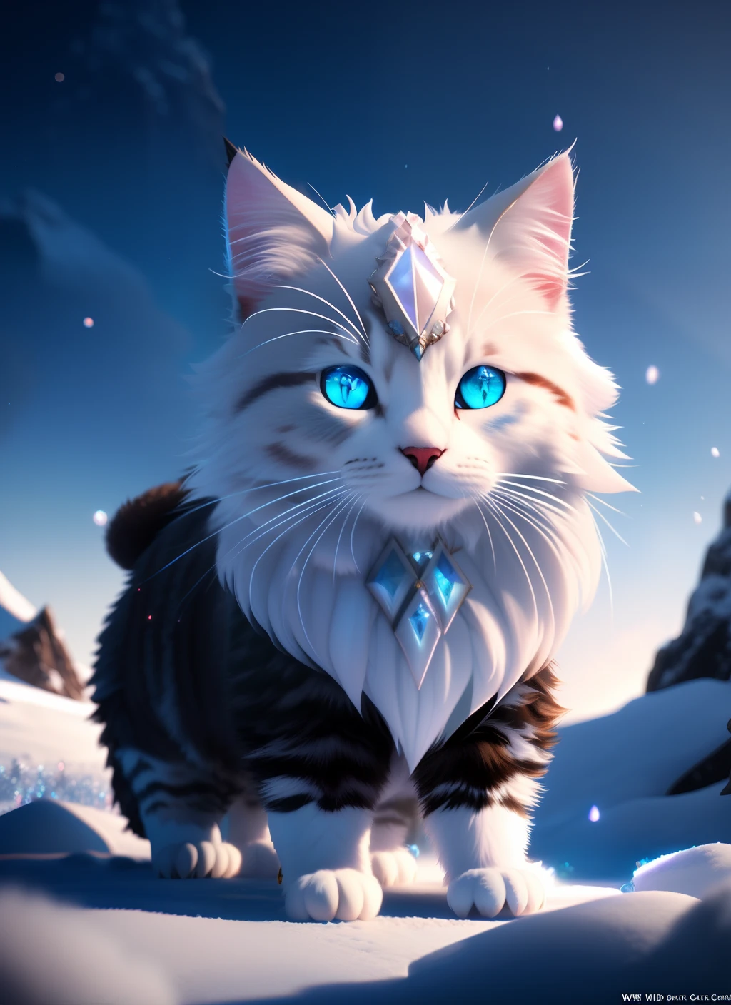 8k rendering,  ice mountain, intricate details, fantasy universe, intricate magical embroidery, very detail hair, very detail eyes, [elden ring|d & d] concept art, rpg portrait, octane render, cinematic lighting, (soft shadow:1.2), depth of field, splash art, art by wlop and greg rutkows,cute cat 