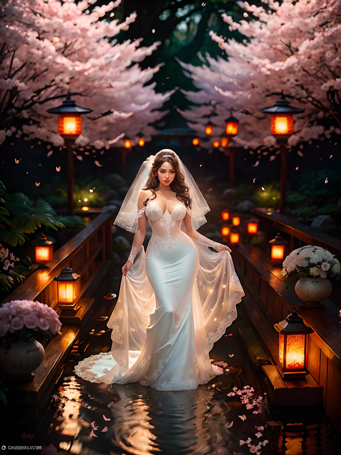 masterpiece, highest quality, solo focus, (skimpy:1.04), (short:1.15) and (curvy) woman with (perfect skin:1.11) and (small breasts:1.1), full body, (cameltoe:1.1), high angle and (white wedding veil), ((see-through:0.6) white wedding dress), bridal gloves, (perfect face:1.1) intricate (high detail:1.1) body, covered navel, covered nipples, eyes up, lips, submerged in water, clear water, flower bed with lanterns in the background, lush forest, (leaves on water:1.0), falling sakura blossoms, butterflies, fireflies, by lee jeffries nikon d850 film stock photograph 4 kodak portra 400 camera f1.6 lens rich colors hyper realistic lifelike texture dramatic lighting unrealengine trending on artstation cinestill 800