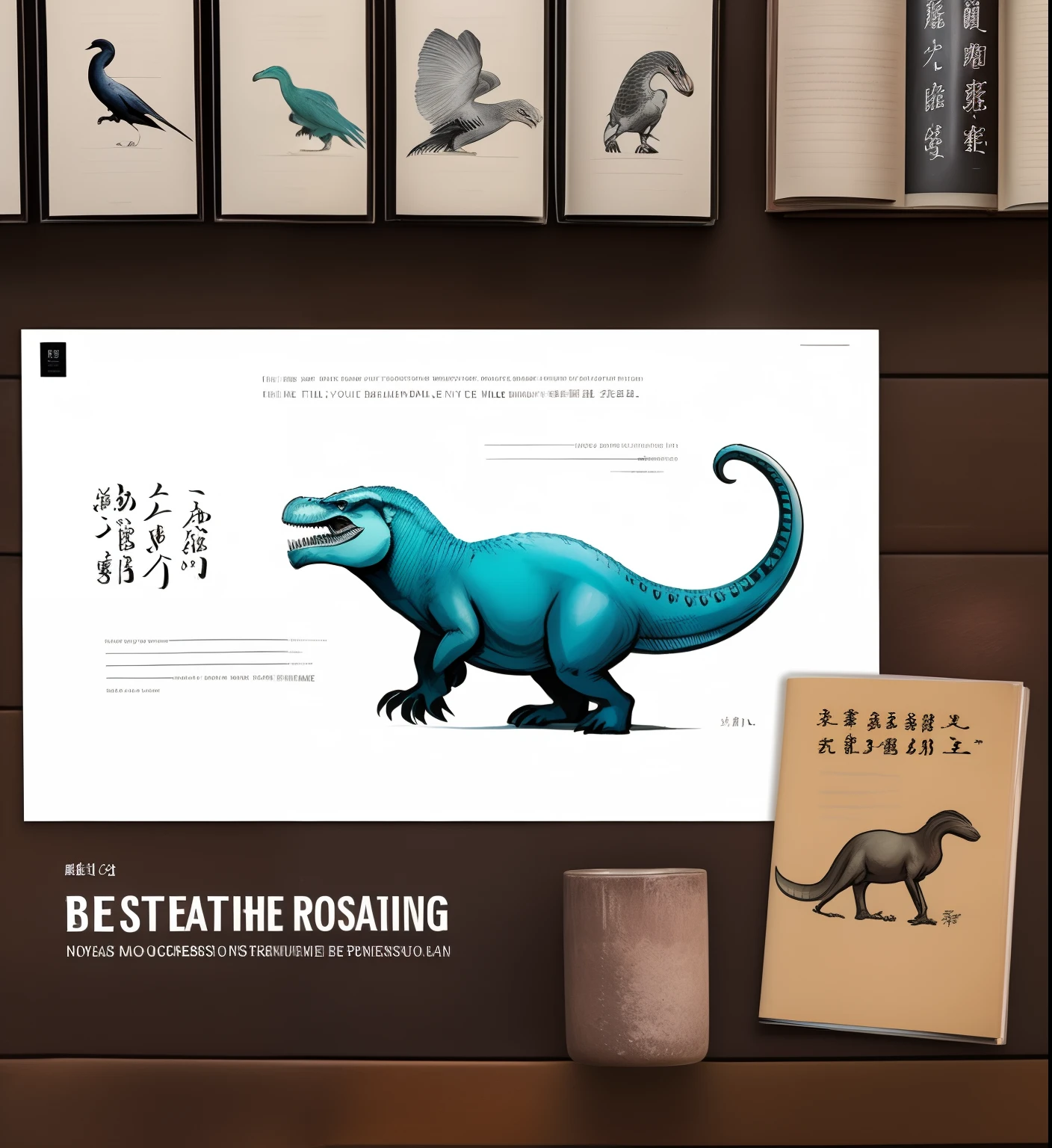 \wild creature roaming freely, creature sheet page, prehistoric creature, infographic presenting unknown fantasy animal best creature, ink and wash style Chinese painting, dinosaur,