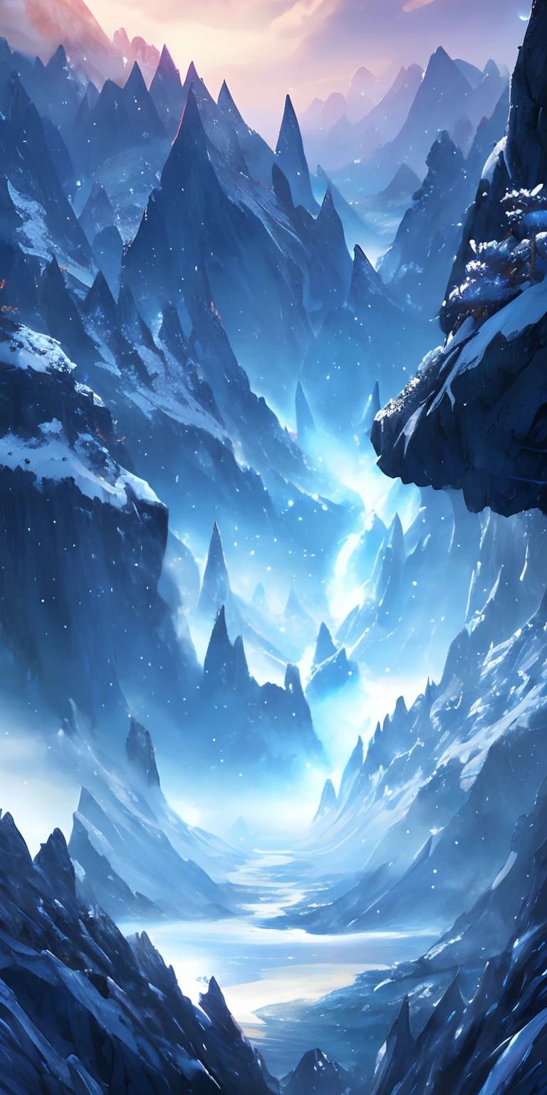 This paragraph describes a digital painting which depicts an otherworldly, surreal and majestic scene. The artwork features a giant mountain range and dragons, with intricate forest details, vegetation, and rivers surrounding them. This is a high-quality, 8K resolution masterpiece of digital art, creating a beautiful movie-like background with magical atmosphere through unique lighting effects. The sky is decorated with snow and stars, while the dragons soar above. The artwork belongs to the genre of icepunk, featuring the theme of dragons and mountains, creating a chilly winter visual style.
