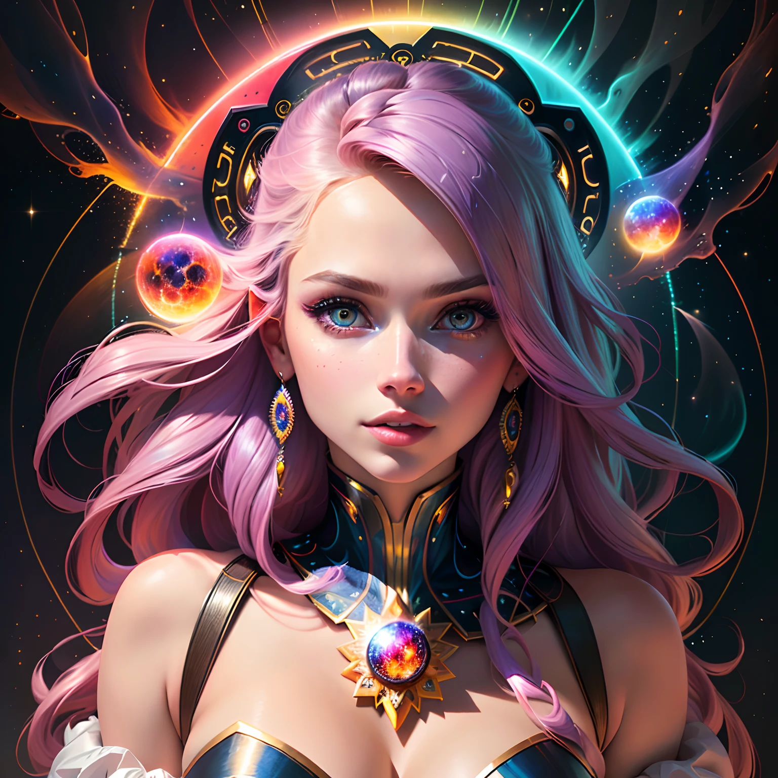 ultra realistic photo portrait of Scarlett Leithold cosmic energy, colorful, painting burst, beautiful symmetrical face, nonchalant kind look, realistic round eyes, tone mapped, intricate, elegant, highly detailed, digital painting, artstation, concept art, smooth, sharp focus, illustration, dreamy magical atmosphere, art by artgerm and greg rutkowski and alphonse mucha, 4k, 8k