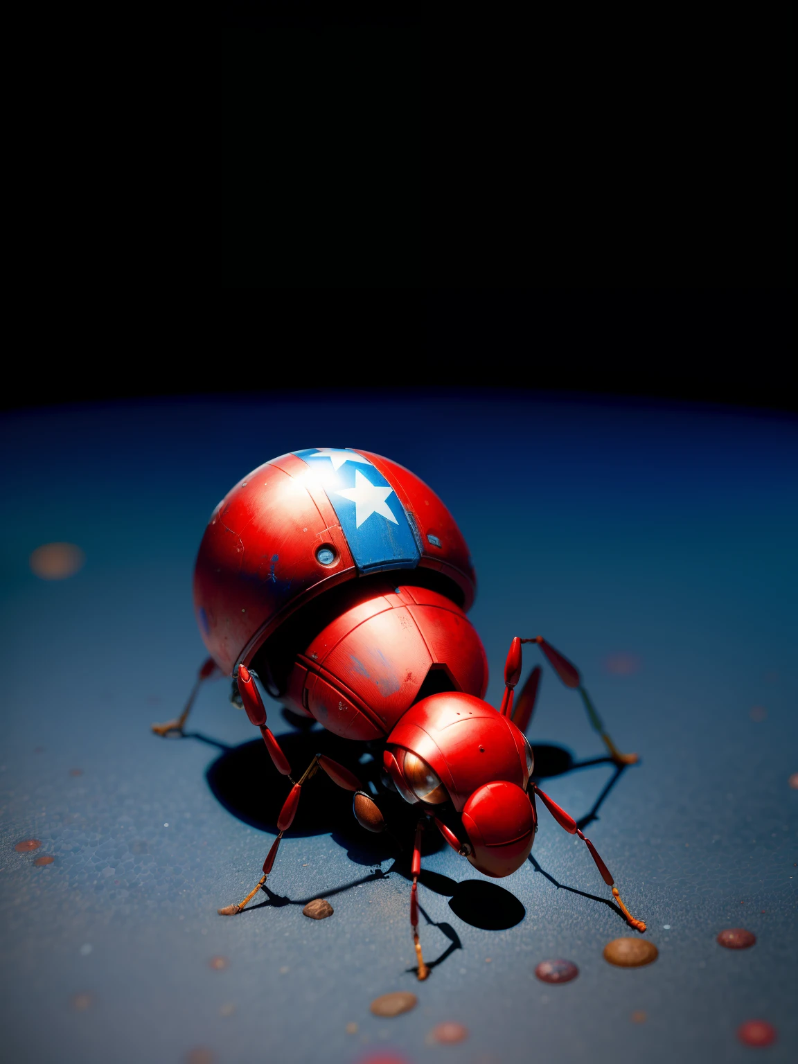 A red, blue and white mechanical ant with a shrunken Captain America's shield attached to its back, this ant poses in an offensive posture and needs to highlight the sense of technology