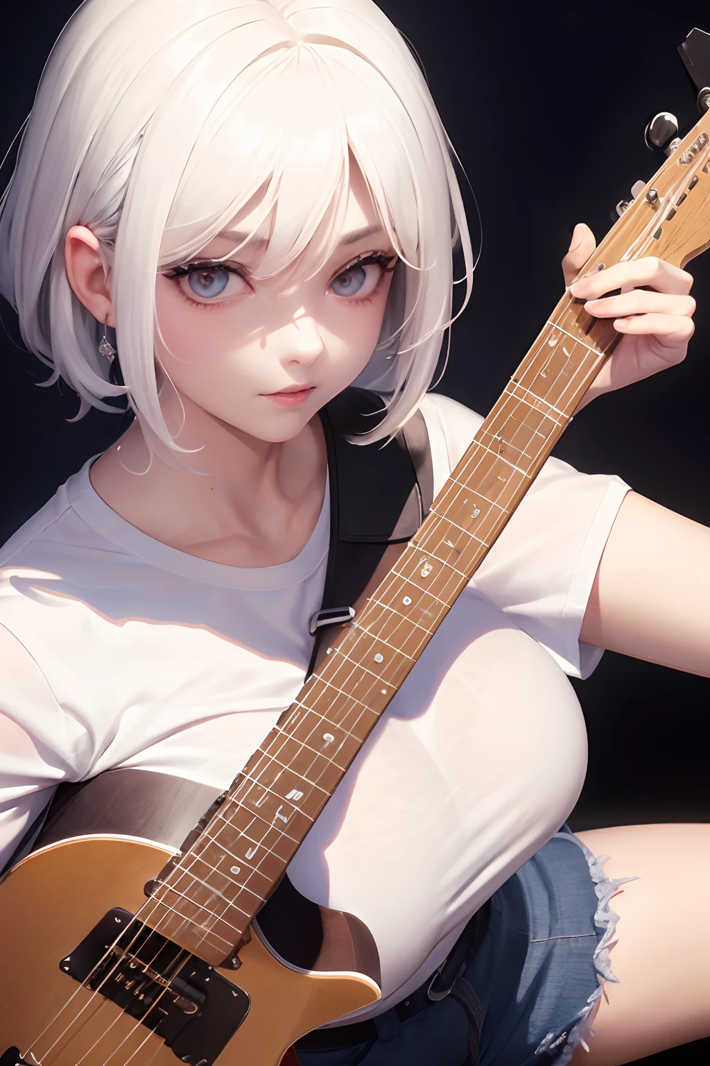 masterpiece,best quality,1girl,upper body,white hair,bright eyes,t-shirt,(electric guitar),large breasts