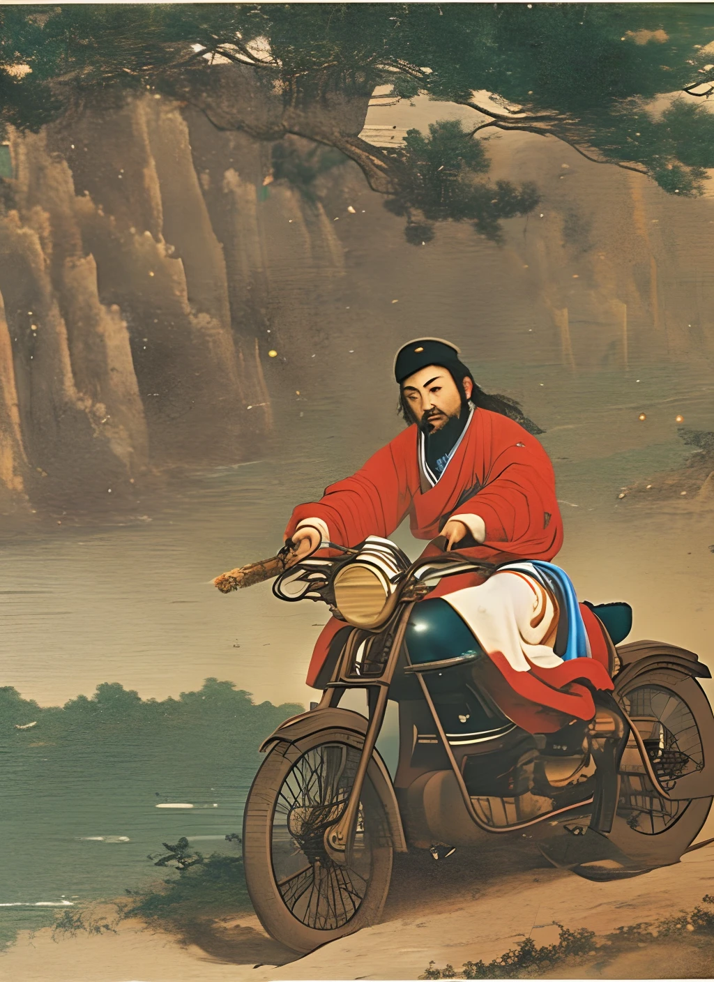 Li Bai rides a motorcycle.
