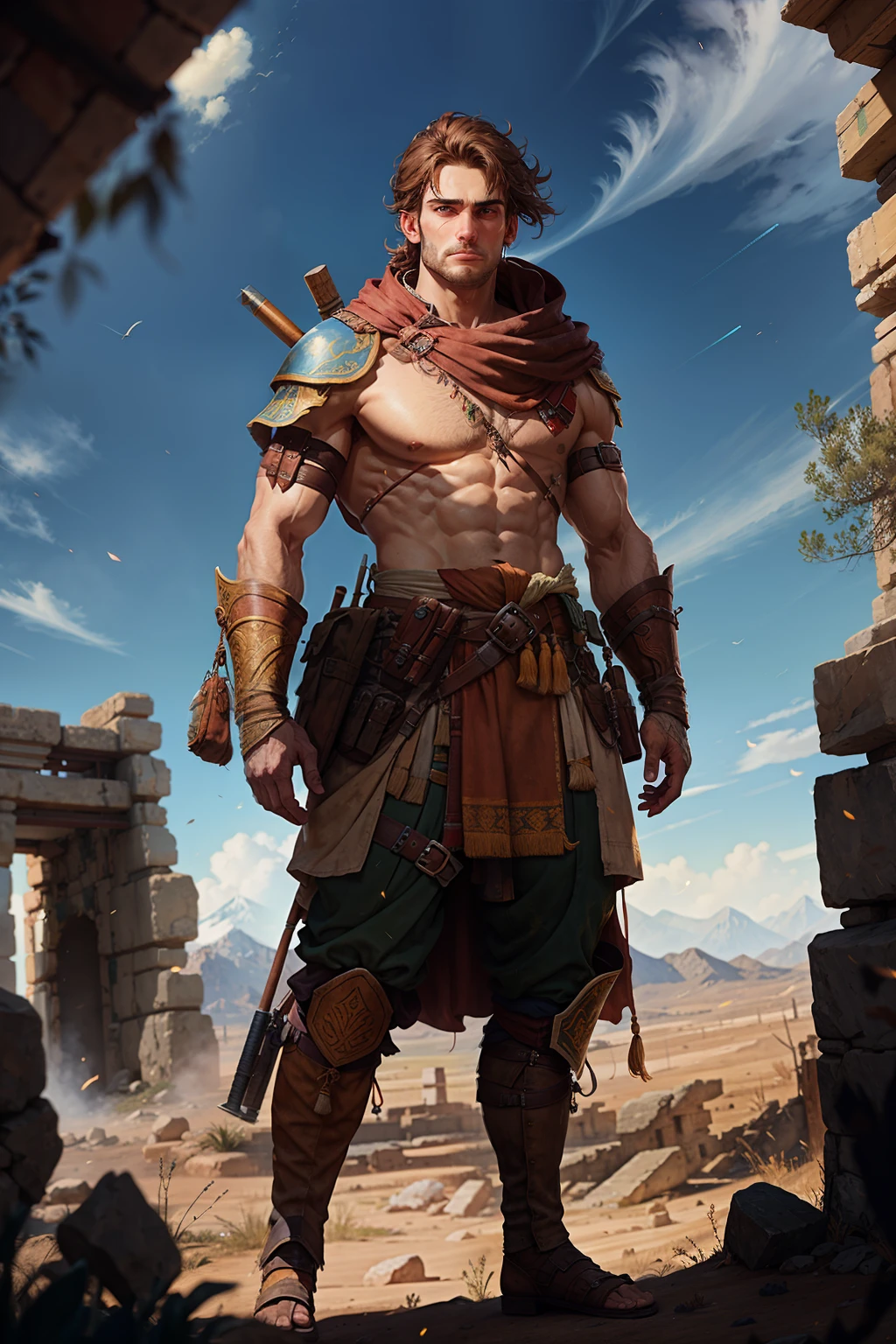 A male character looks up proudly, wearing the ancient bonus equipment, very proud, the background is very damaged battlefield, very broad and exquisite.