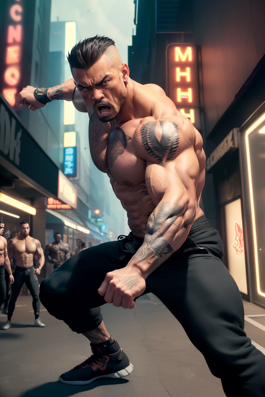 ((masterpiece)), ((detailed)), illustration, character appearance (muscular build, fierce expression, bare-chested with visible gang tattoos), clothing attire (none), character actions (assuming a fighting stance), scene perspective (street level), background elements (neon signs, bustling crowds).