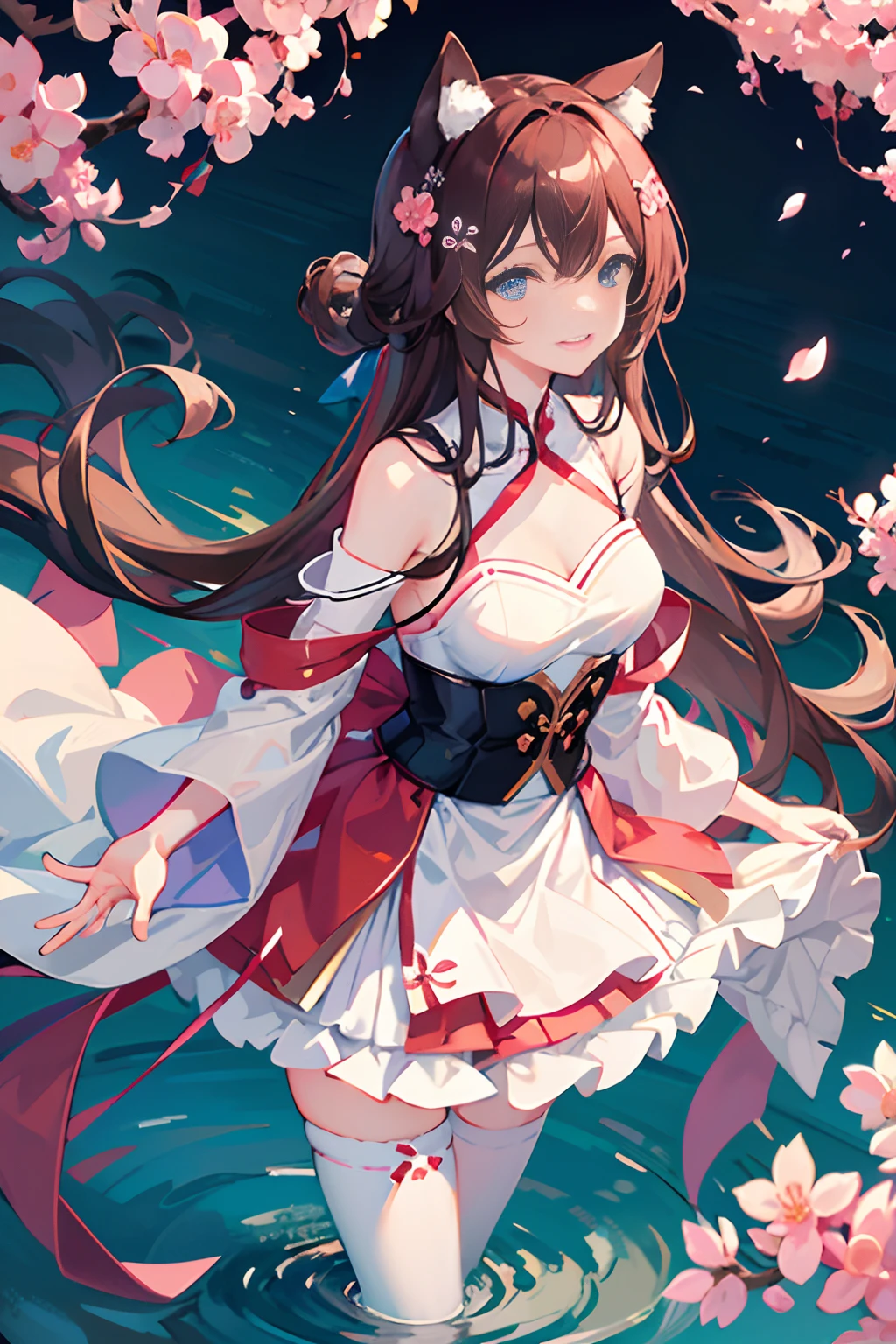 Illustration style, overhead view, dynamic angle, ultra-detailed, close-up shot of a girl with blue eyes, brown hair, and cat ears wearing a pink Miko outfit (1.4) and white stockings. She has bangs, an aura above or behind her head, and is looking at the viewer with a slight smile while showing her bare shoulders. The girl's hands are hidden behind her back while standing upright. She wears a cherry blossom hair accessory ([[0.55]::0.85]) and is surrounded by falling cherry blossoms, flowing water, a beautiful cherry blossom tree, and flying translucent blue butterflies (1.15). The scene is set near a shrine gate with ultra-detailed ruins in the background, an abysmal sea, and a dull blue world tree (1.14). The girl's delicate fingers and hands are emphasized with yubao (0.5).