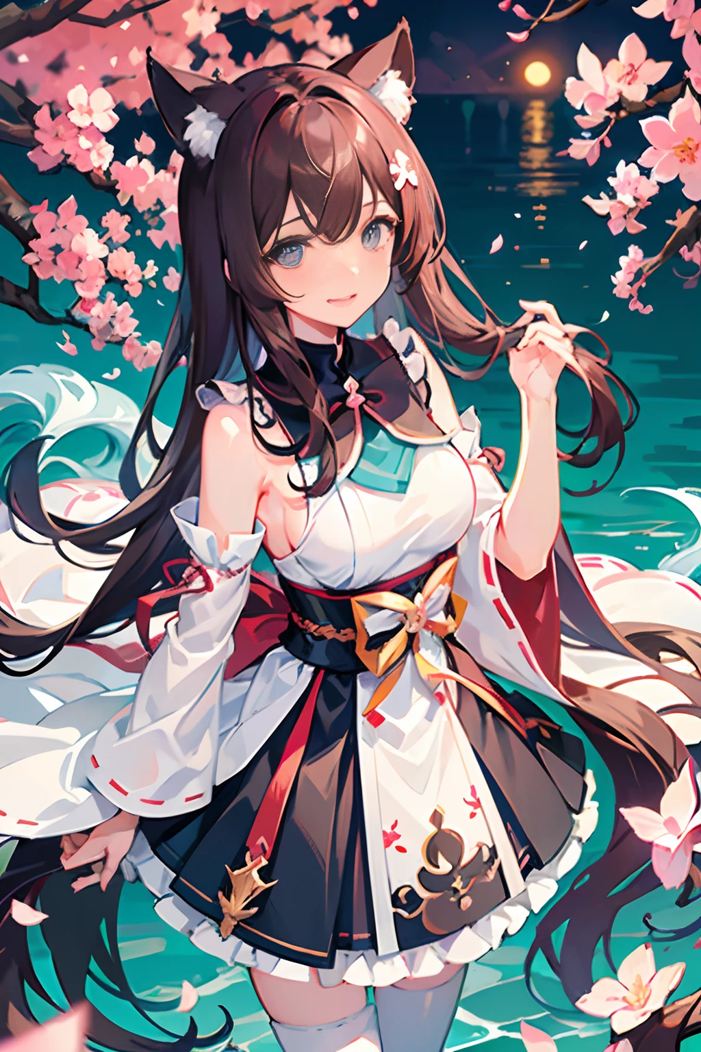 Illustration style, overhead view, dynamic angle, ultra-detailed, close-up shot of a girl with blue eyes, brown hair, and cat ears wearing a pink Miko outfit (1.4) and white stockings. She has bangs, an aura above or behind her head, and is looking at the viewer with a slight smile while showing her bare shoulders. The girl's hands are hidden behind her back while standing upright. She wears a cherry blossom hair accessory ([[0.55]::0.85]) and is surrounded by falling cherry blossoms, flowing water, a beautiful cherry blossom tree, and flying translucent blue butterflies (1.15). The scene is set near a shrine gate with ultra-detailed ruins in the background, an abysmal sea, and a dull blue world tree (1.14). The girl's delicate fingers and hands are emphasized with yubao (0.5).