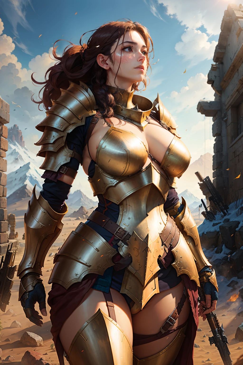 A female character looks up proudly, wearing the ancient bonus equipment, very proud, the background is very damaged battlefield, very broad and exquisite. Heavy armor, handsome posture, and battle-damaged armor, no leakage point, chest and lower body wrapped intact