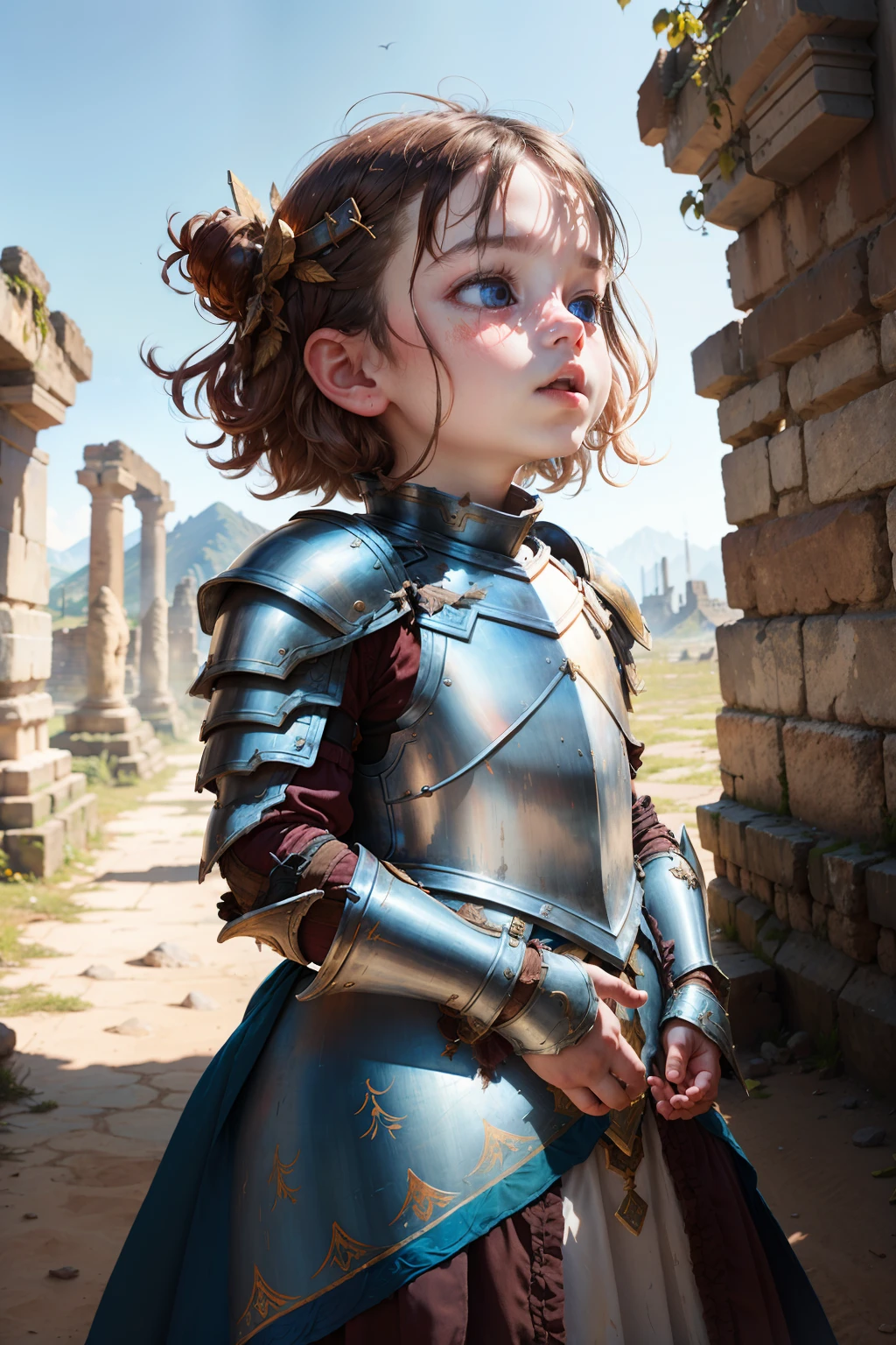 A child looked up lovely, wearing ancient bonus equipment, very naughty, the background is very damaged battlefield, very wide and delicate. The armor is heavy, the posture is handsome, the armor is badly damaged, (the equipment is loose, the dress is a little messy)