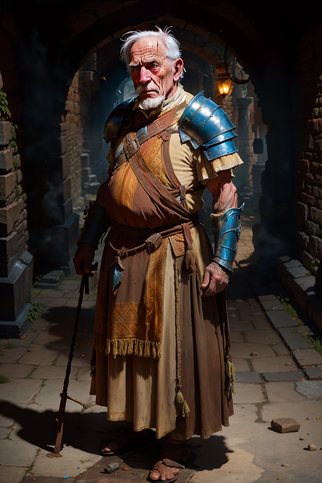 An old man bent, wearing ancient bonus equipment, very naughty, the background is very damaged battlefield, very wide and delicate. The armor is heavy, very sick, the armor is badly damaged, (the gear is loose, the dress is a little baggy)