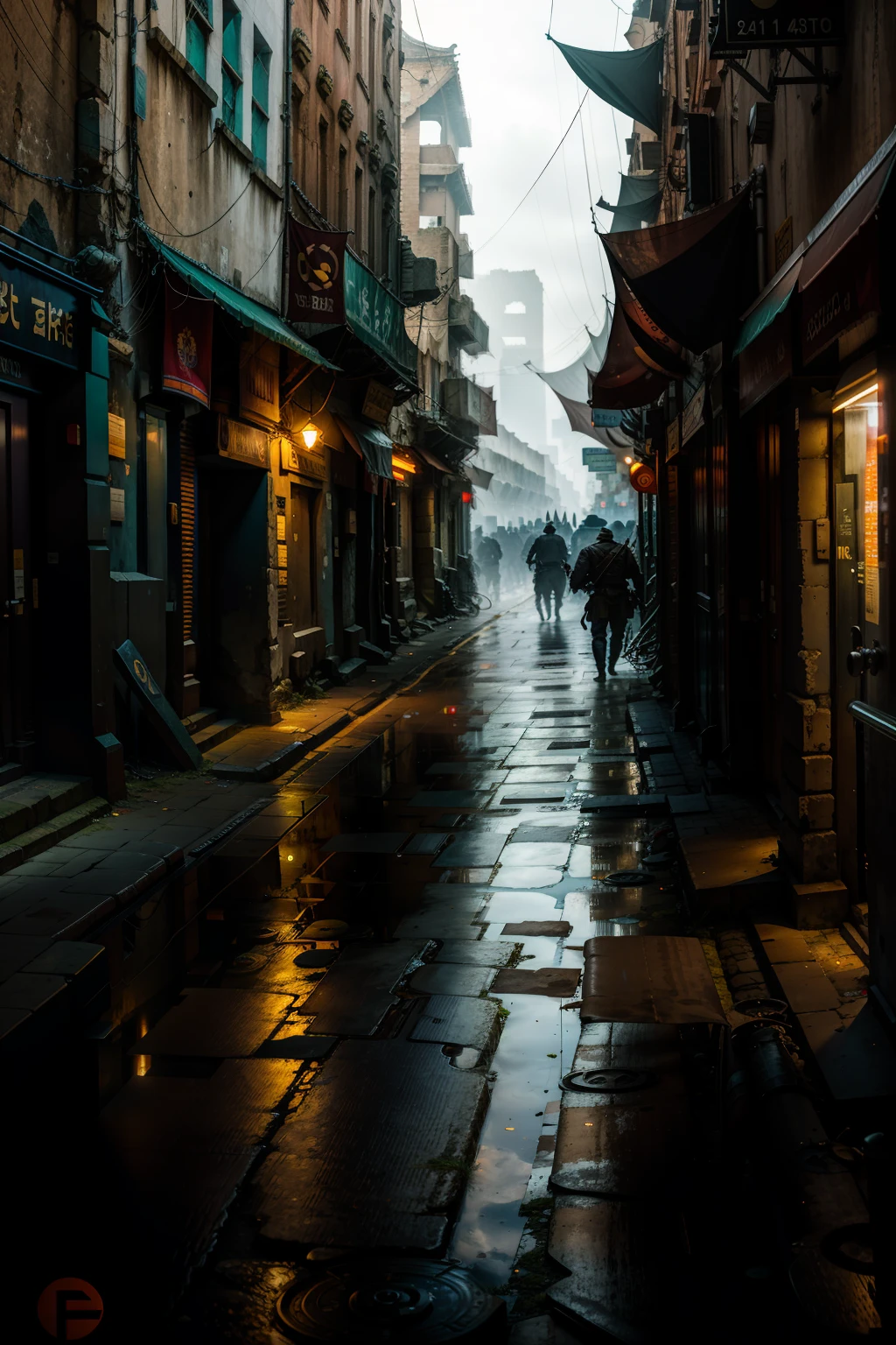 Ancient battlefield, medium shot, city streets, dim lighting, very gloomy picture layout, advanced film shots