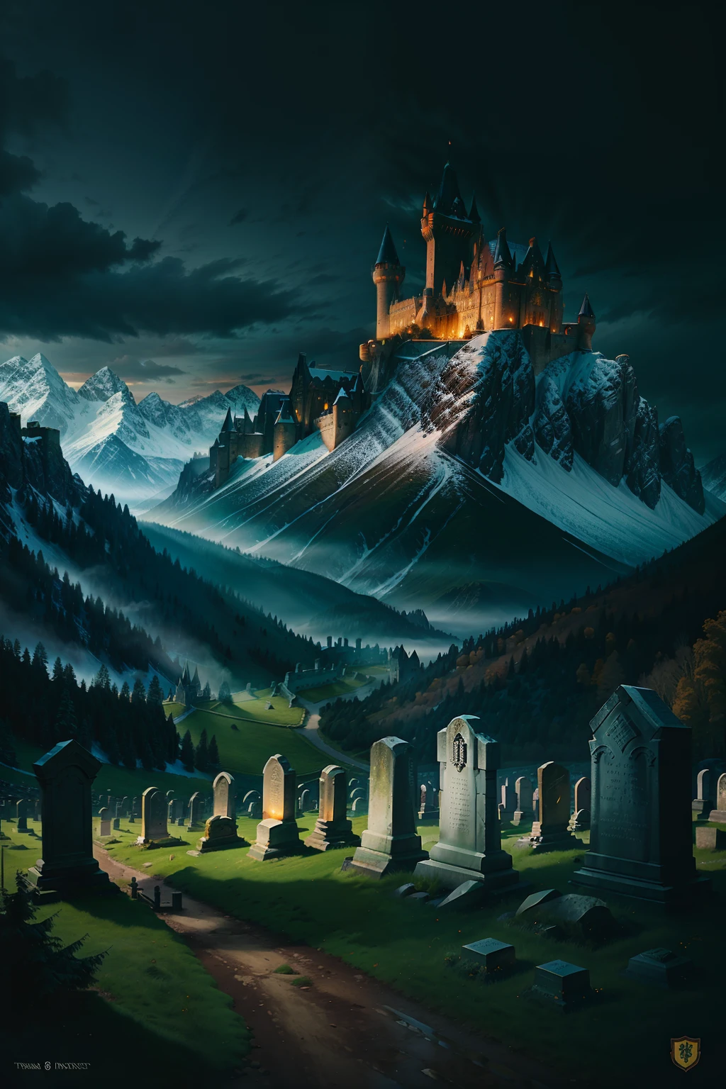 Tombstones, ancient castles, sparse sod, distant mountains, melancholy lighting, depressing picture layout, advanced film shots
