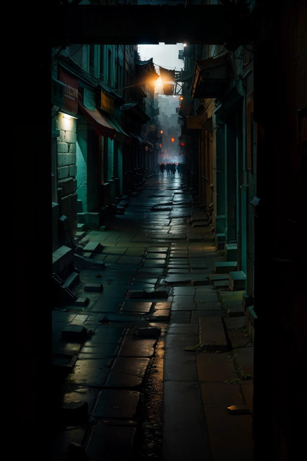 Ancient battlefield, medium shot, city streets, dim lighting, very gloomy picture layout, advanced film shots