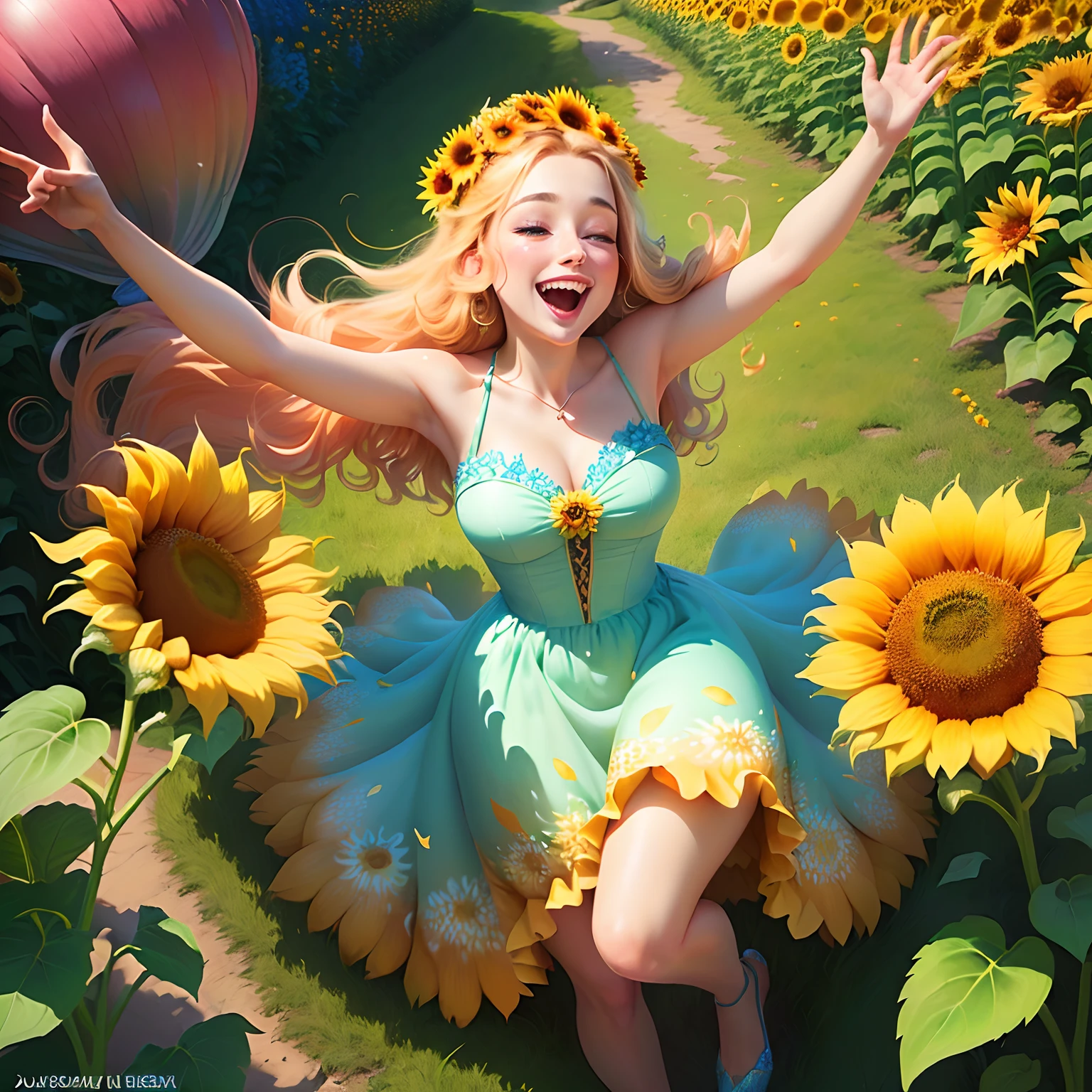 ((fun and lively)), ((fantasy-inspired)), cartoon-style illustration, sunflower fairy wearing a flower petal dress, bustling about in an enchanted garden filled with animated plants and flowers.