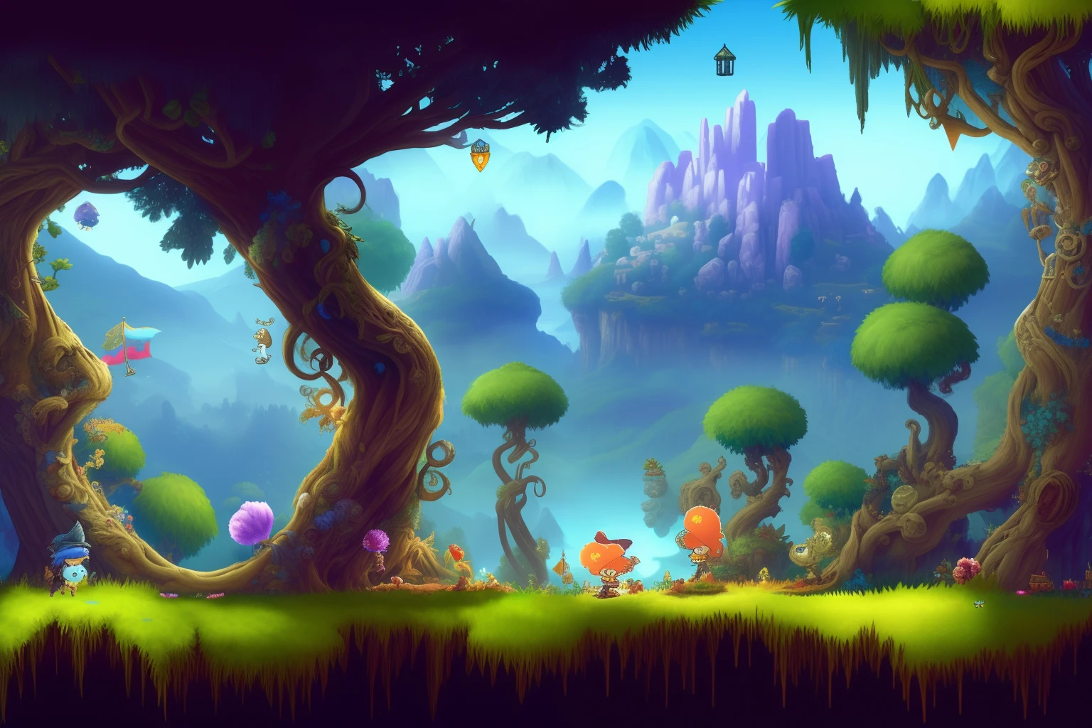 best quality,ultradetailed, masterpiece, (side-scrolling games, 2D platformers,) distant hills in the background, flags, intricate carvings, colorful decorations, peaceful ambiance. 3D, HD, Ori and the Blind Forest
