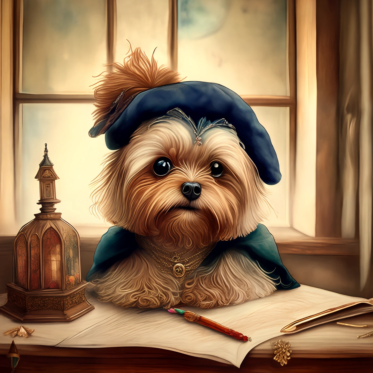 adorable, magic portrait, big eyes, beautiful, cute exhibition, cut Yorkshire Terrier dog poet in a beret with a feather, in antique clothes with jewelry, writing pen in paw, dreamy look, smiles, sitting at an old wooden table and writing poetry, romance, many beautiful patterns, the background behind the poodle is a beautiful room of the old castle, stained glass windows with roses in the window, the atmosphere of Christmas, beauty, detailing, fairy tale, anime watercolor style, isolated on white background