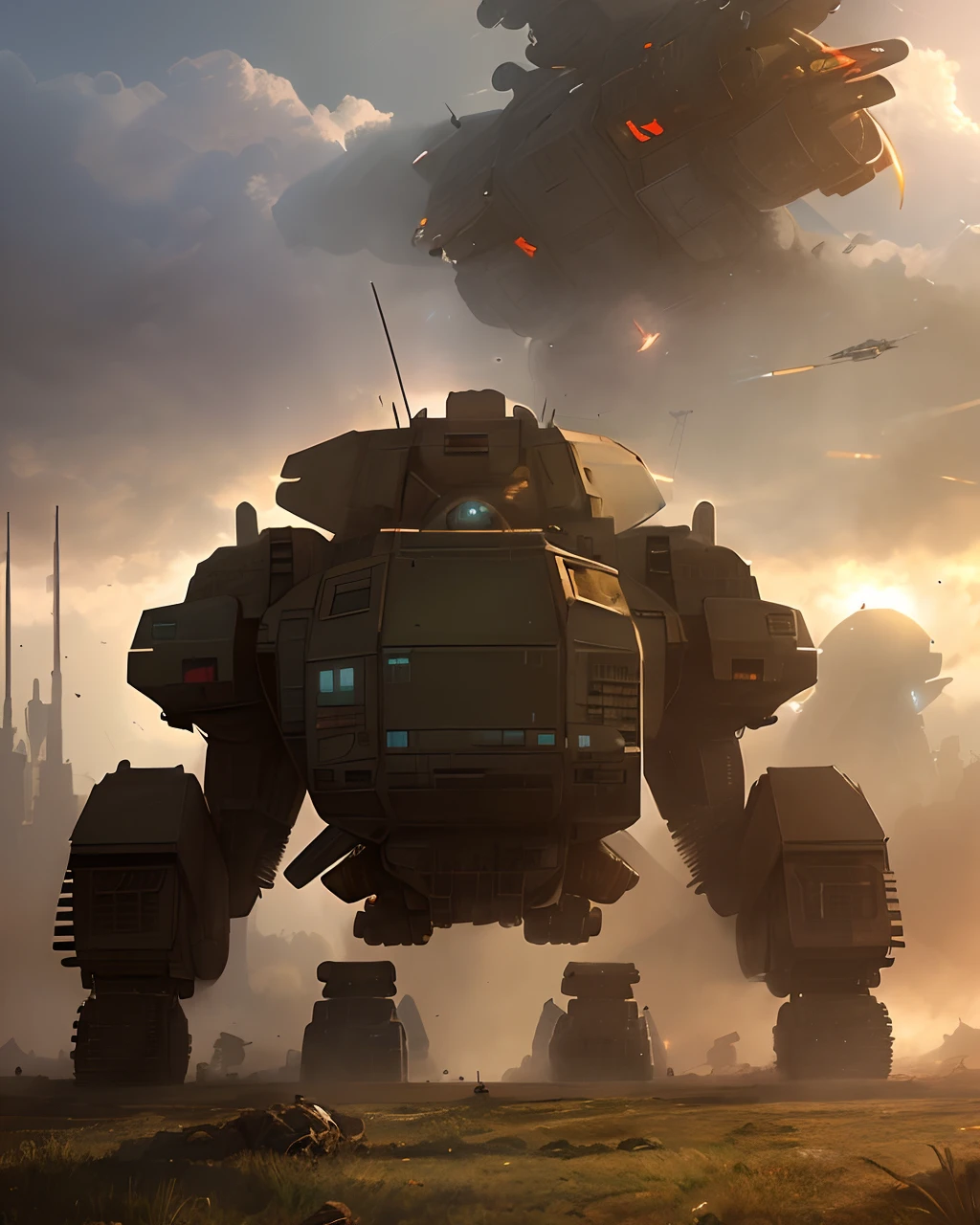 (Gigant MechWarrior):1.1, postst-Apocalyptic isometric sci-fi battlezone by Alejandro Bursido, red vegetation, sun rays, 8K UHD, Mucha perfect lighting, Artgerm, WLOP, Digital Illustration, Scenic, detailed