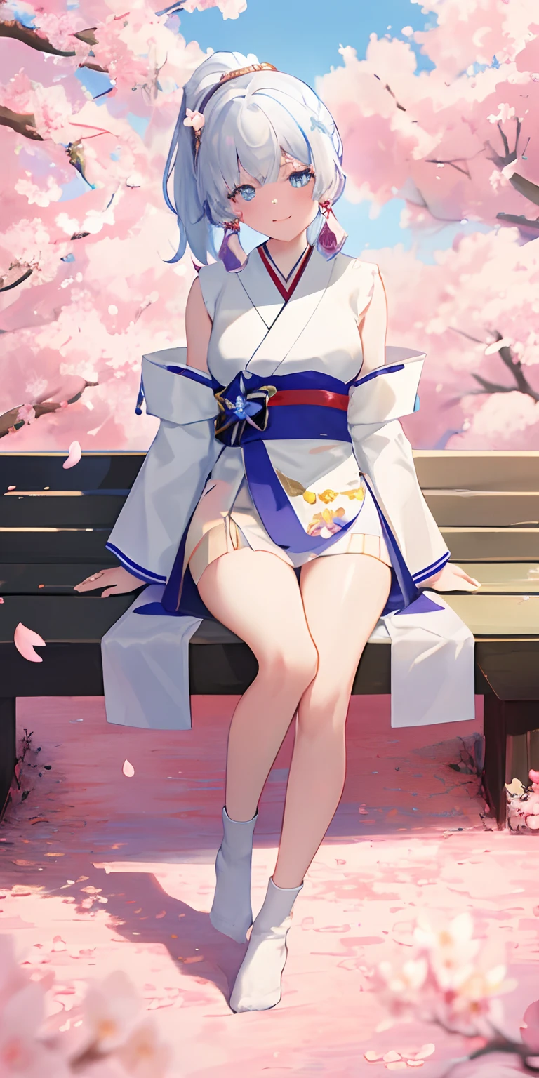 {{masterpiece}}, shiny skin,high quality,highly detailed,1girl, full body,torogao,skinny,small breasts,Kamisato Ayaka\(genshin impact\),ponytail, straight bangs,white hair, blue eyes,no shoes, bare legs, japanese hair ornament,teenage,cherry blossoms,smile