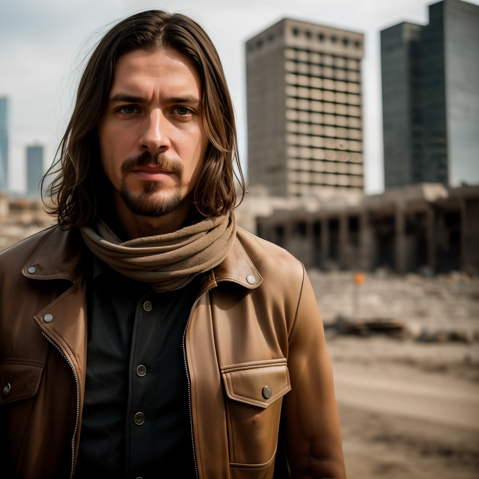 RAW photo, a close up portrait photo of brutal 45 y.o man in wastelander clothes, long haircut, pale skin, slim body, background is city ruins, (high detailed skin:1.2), 8k uhd, dslr, soft lighting, high quality, film grain, Fujifilm XT3