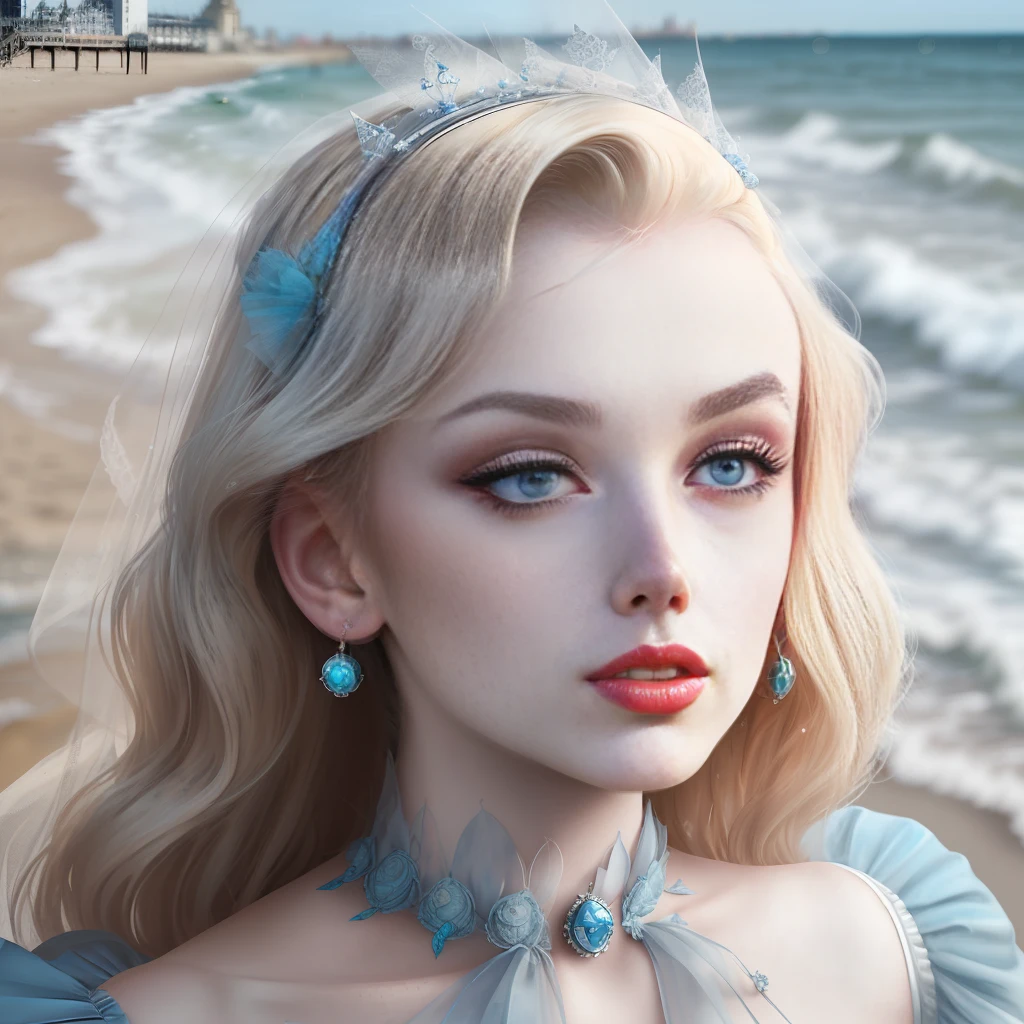 closeup (photo) of a variety of debutante|bridal|goth, (Veronica Lake)|(Elle Fanning:.5)|(Marilyn Monroe) woman of (different varied poses), long hair, light freckles and pale shimmery skin, (glowing blue eyes),stood on Brighton beach, (shallow depth of field), photorealistic digital art trending on Artstation by Aphonse Mucha, 8k HD high definition detailed realistic,