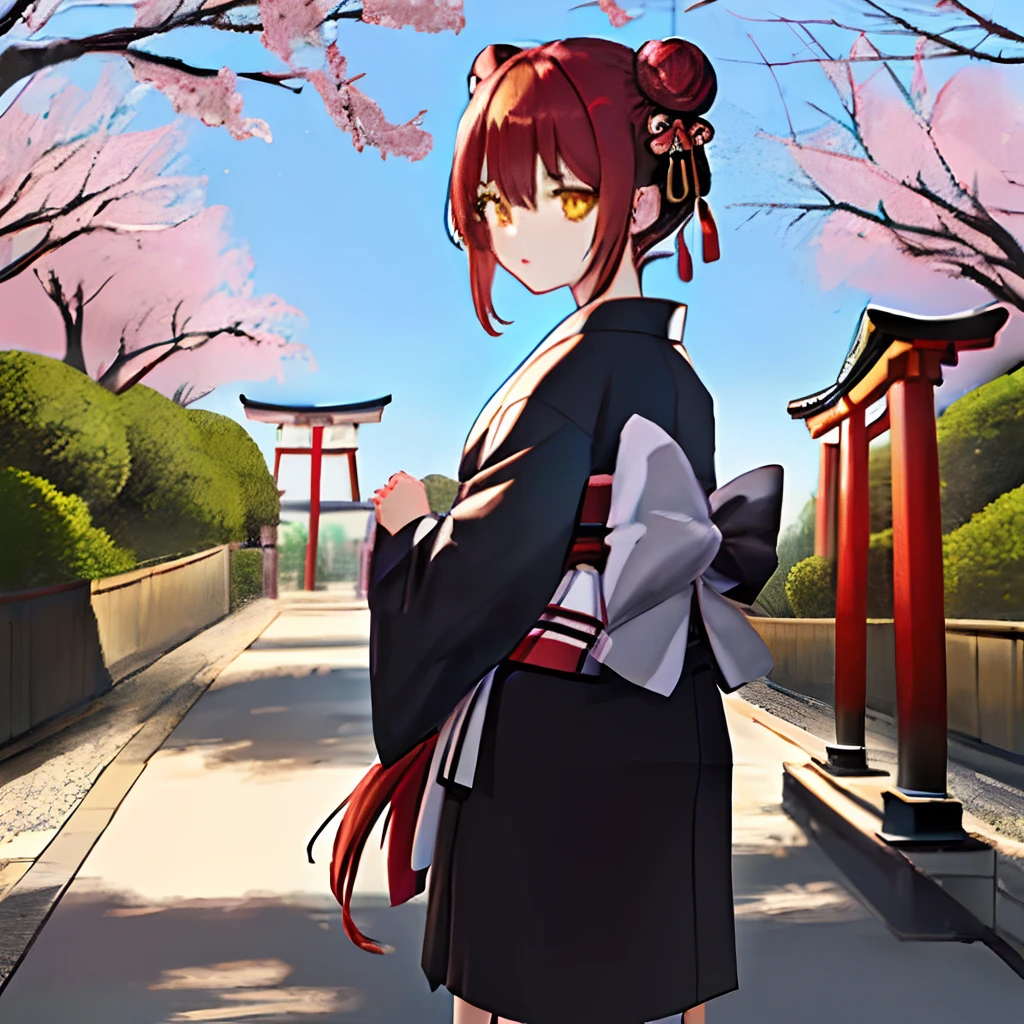 ((masterpiece,best quality)),2girls, black kimono, black legwear, black ribbon, black hair, cherry blossoms, day, flower, hair bun, hair ribbon, japanese clothes, kimono, long hair, looking at viewer, looking back, multiple girls, obi, outdoors, red eyes, red hair, ribbon, sandals, single hair bun, stairs, standing, statue, torii, tree, white kimono, yellow eyes