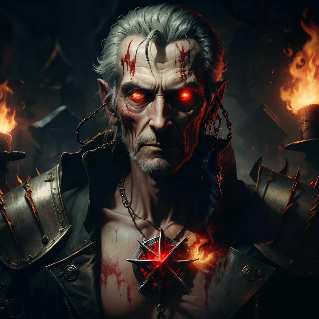 movie scene, close-up half body shot of a Peter Cushing as an evil decaying undead warlock, in silver armour splattered with blood with gold etchings, cuts to skin, blood splatter, horns on head, goatee, (burning red eyes), gauntlets, holding flaming volcanic sword, red blood pentagram, glowing grimoire closed shut, summoning circle, pile of skulls, rusty chains, well lit satanic temple, lens flare, shafts of light, intricate detail, highly detailed, volumetric lighting, 4k render, stock photograph, hyper realistic, lifelike texture, dramatic lighting, unreal engine