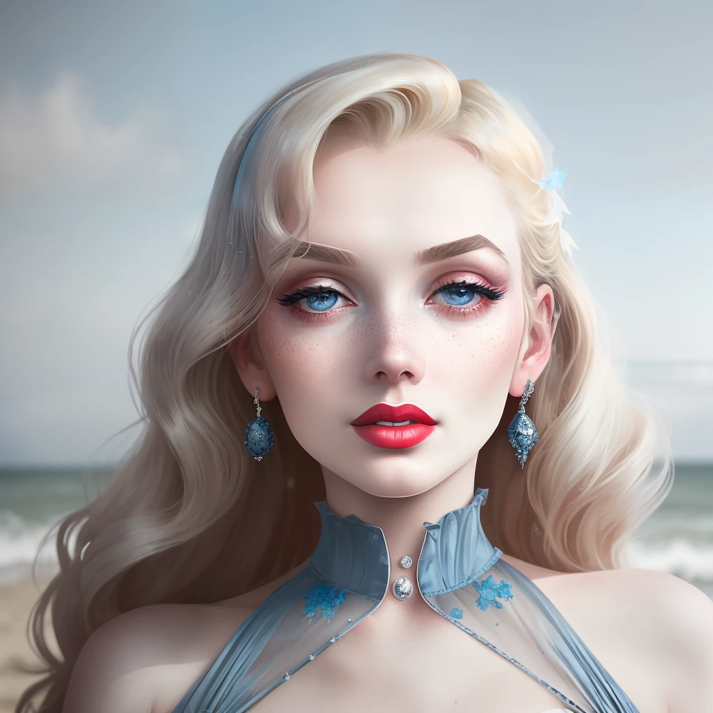 closeup (photo) of  a variety of debutante|bridal|goth, (Veronica Lake)|(Elle Fanning:.5)|(Marilyn Monroe) woman of (different varied poses), long hair, light freckles and pale shimmery skin, (glowing blue eyes),stood on Brighton beach,  (shallow depth of field), photorealistic digital art trending on Artstation by Aphonse Mucha, 8k HD high definition detailed realistic,