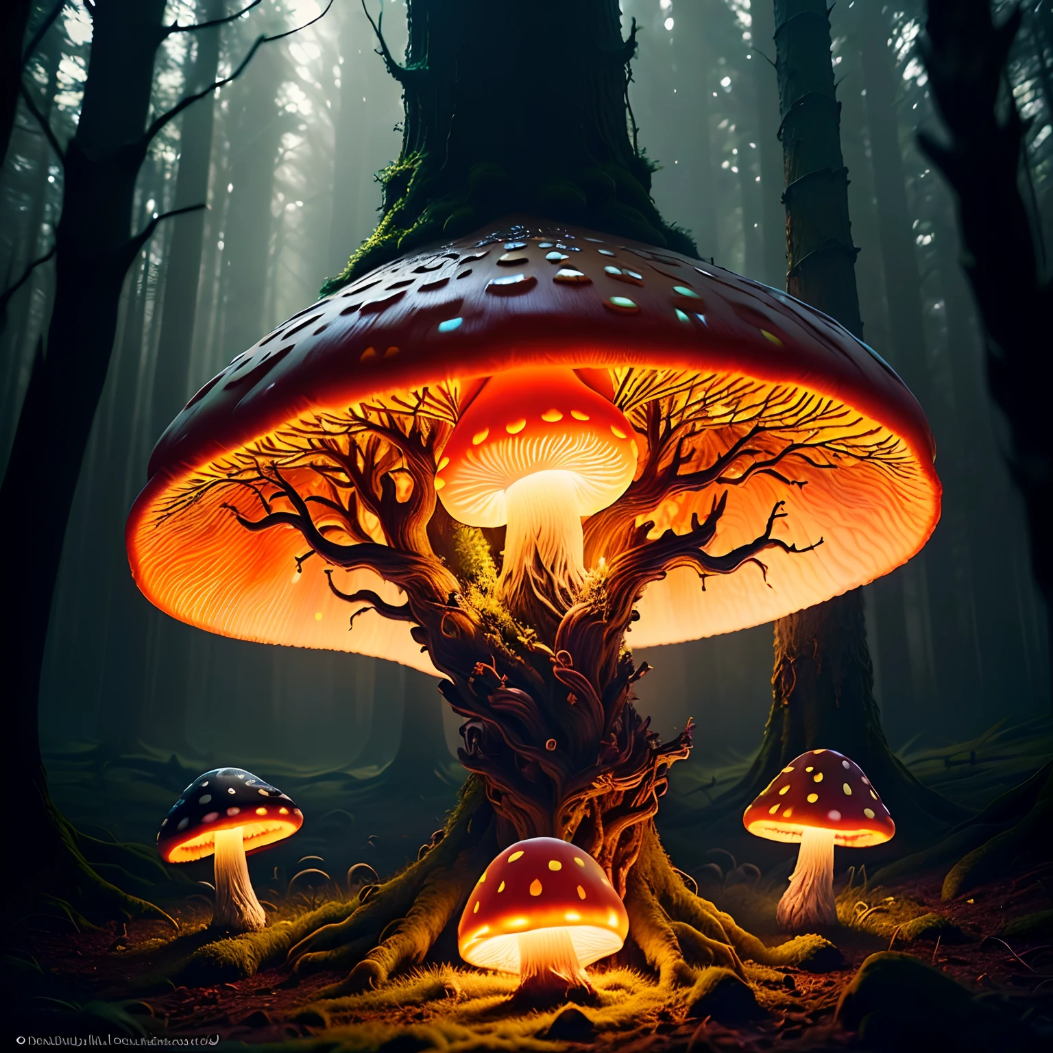 Glowing mushroom,very dark lighting,forest,intricate details and sharp,octane render,16mm, 35mm,high quality,kodak film,high detail, dark fantasy,(epic ambiant light:1.2),blured background,atmospheric oliva lighting,