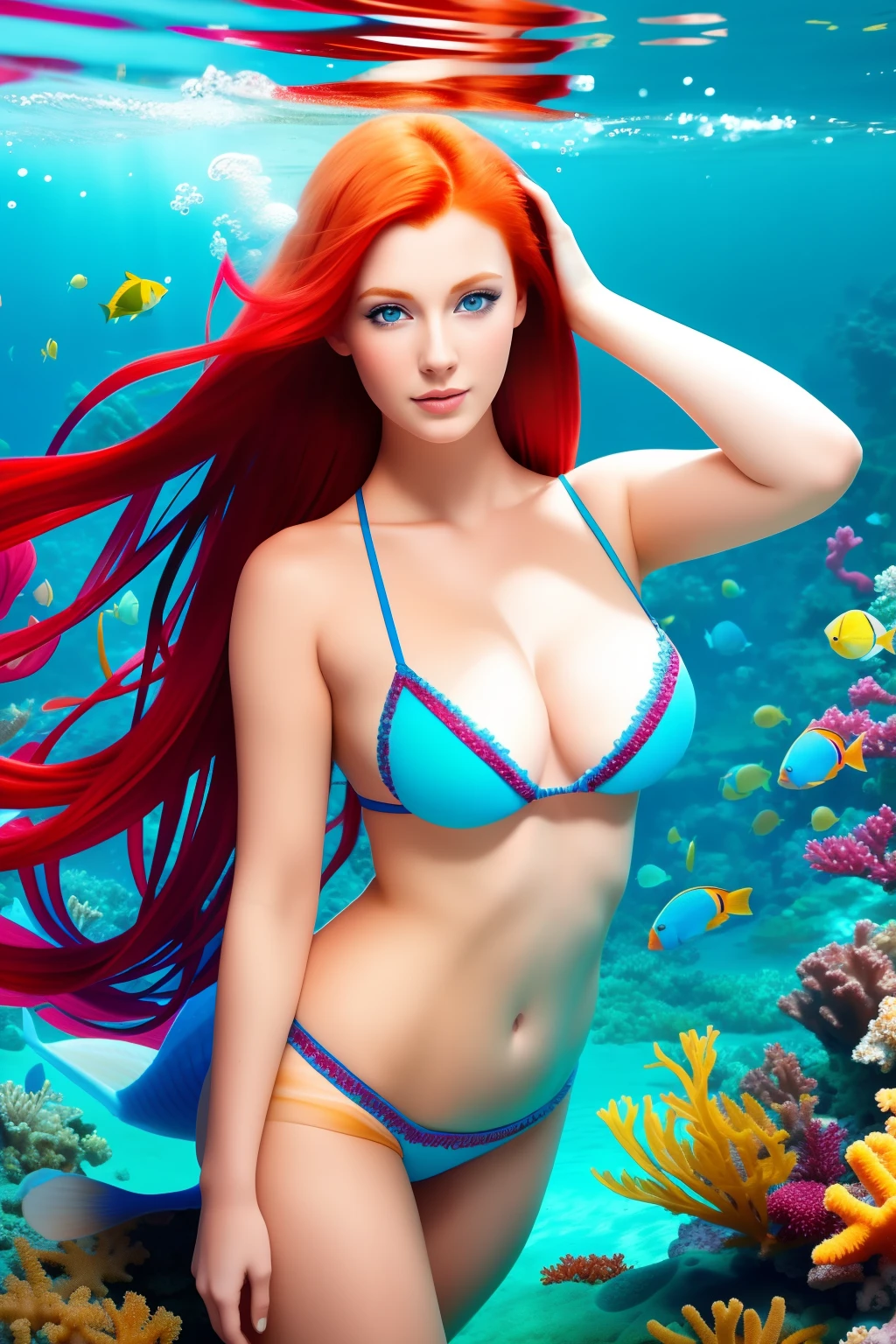 RAW photo of a (red haired marmaid)+, beautiful blue eyes, epic pose, marmaid tail, ultra high res, 8k uhd, dslr, underwater, best quality, under the sea, marine plants, coral fish, a lot of yellow fish, bubbles , aquatic environment