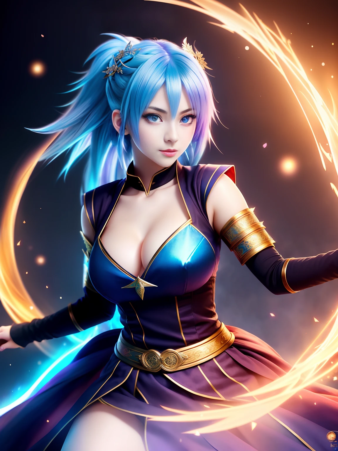 1girl, colorful, solo, [blue|red] hair, super Saiyan hairstyle, Sakura hairstyle, Noble Robes, fighting stance,high fantasy medieval background, magic, dynamic angle, beautiful detailed glow,jmega,magician,casting a spell, hyper detail, dramatic light, intricate details, best quality, (extremely detailed CG unity 8k wallpaper, masterpiece, best quality, ultra-detailed, best shadow), (detailed background:1.4), (beautiful detailed face, beautiful detailed eyes), High contrast, (best illumination),big eyes,blue eyes:1.3,blue light in eyes,floating in the air:1.3,low angle:1.4,full body:2