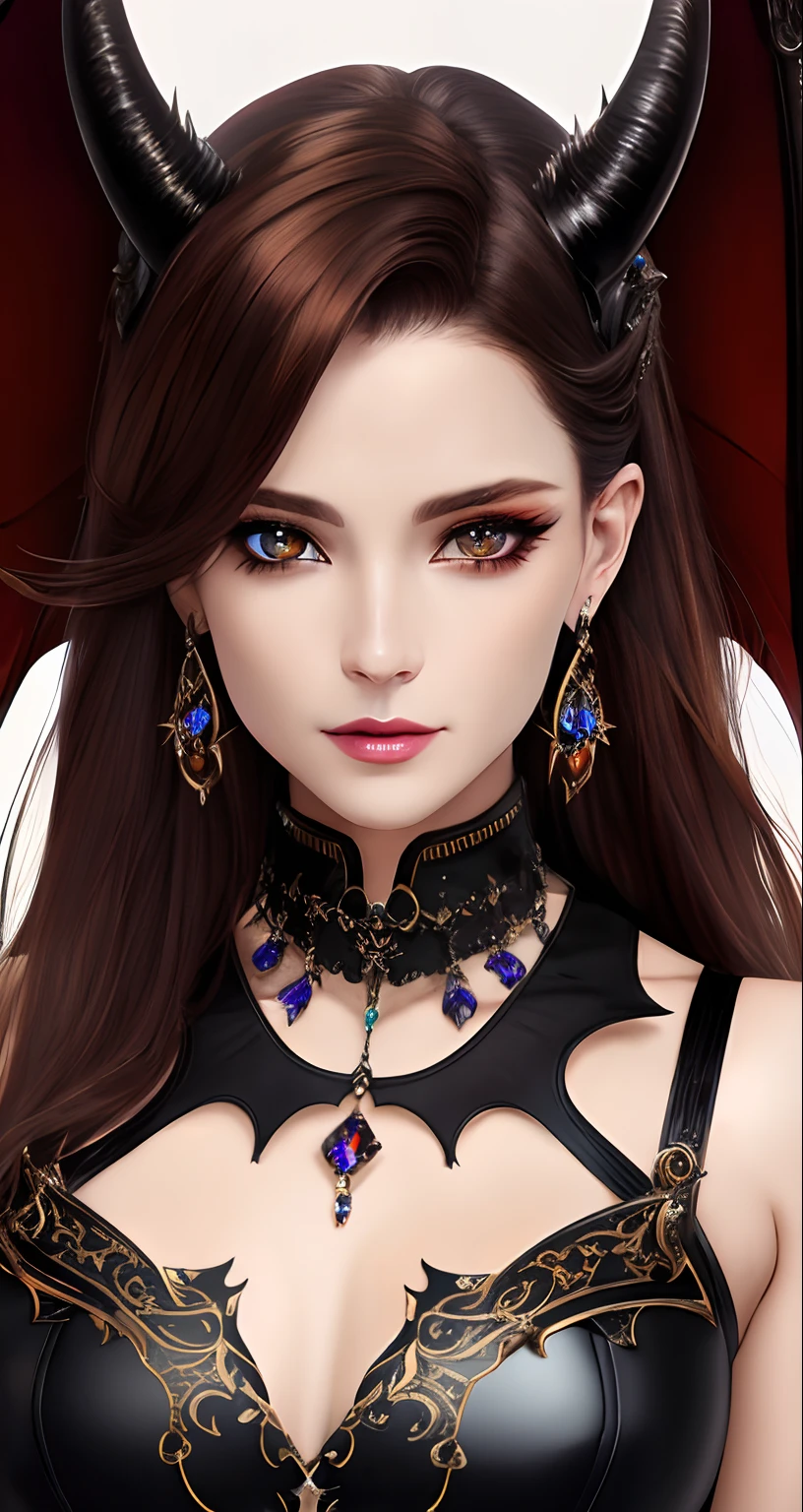 Demon, bat wings, tail,demon horns,eyeteeth,attractive physique,exquisite earrings,8k portrait of beautiful cyborg with brown hair, intricate, elegant, highly detailed, majestic, digital photography, broken glass, (masterpiece, sidelighting, finely detailed beautiful eyes: 1.2), hdr,